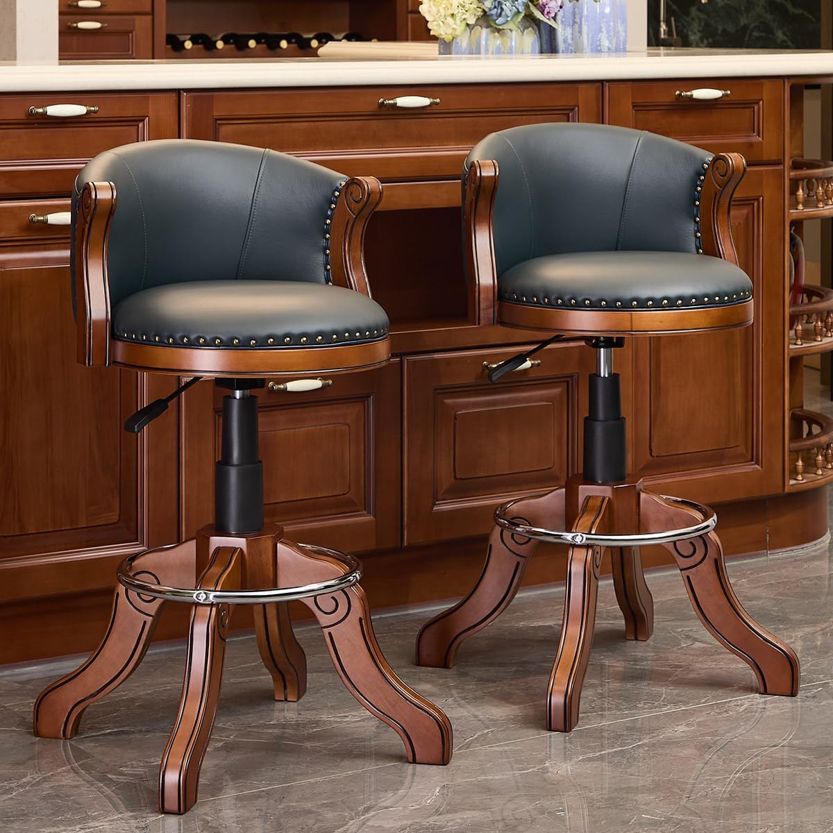 Cow top Leather Wooden Bar Stools, Adjustable Height Bar Chair with Back, 180 Degrees Swivel Barstools Chair for Home Kitchen Counter,Dining Room (Blue-1pc)