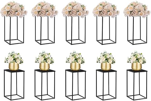 NUPTIO Jarrón de metal negro para centros de mesa de boda, 10 jarrones rectangulares de 15.7 pulgadas de alto para mesas