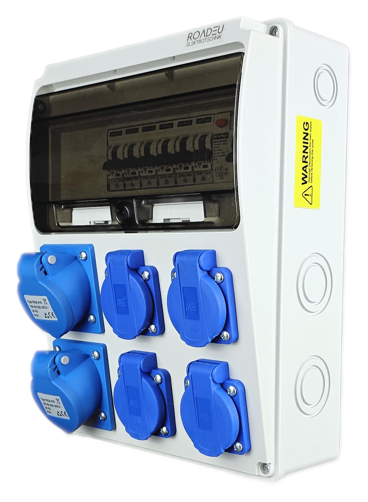 RoadEu - Distribuidor de corriente de 230V. Monofásico, 2 enchufes CEE 16A 3P y 4 enchufes Schuko con fusibles automáticos. Distribuidor de enchufes con interruptor diferencial y disyuntor.