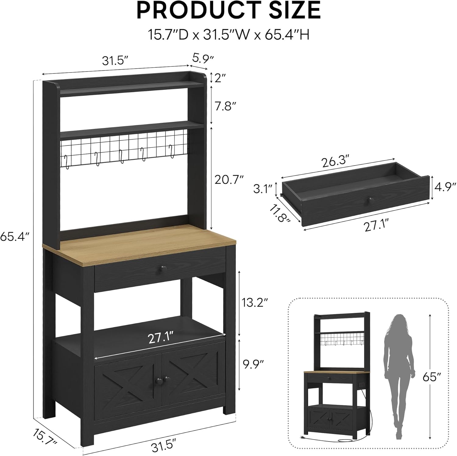 LIKIMIO Baker Rack with Spill-Safe Power Outlet & Drawer, Coffee Bar Cabinet with Storage, Farmhouse Microwave Stand with Hutch and 5 Hooks for Kitchen, Black