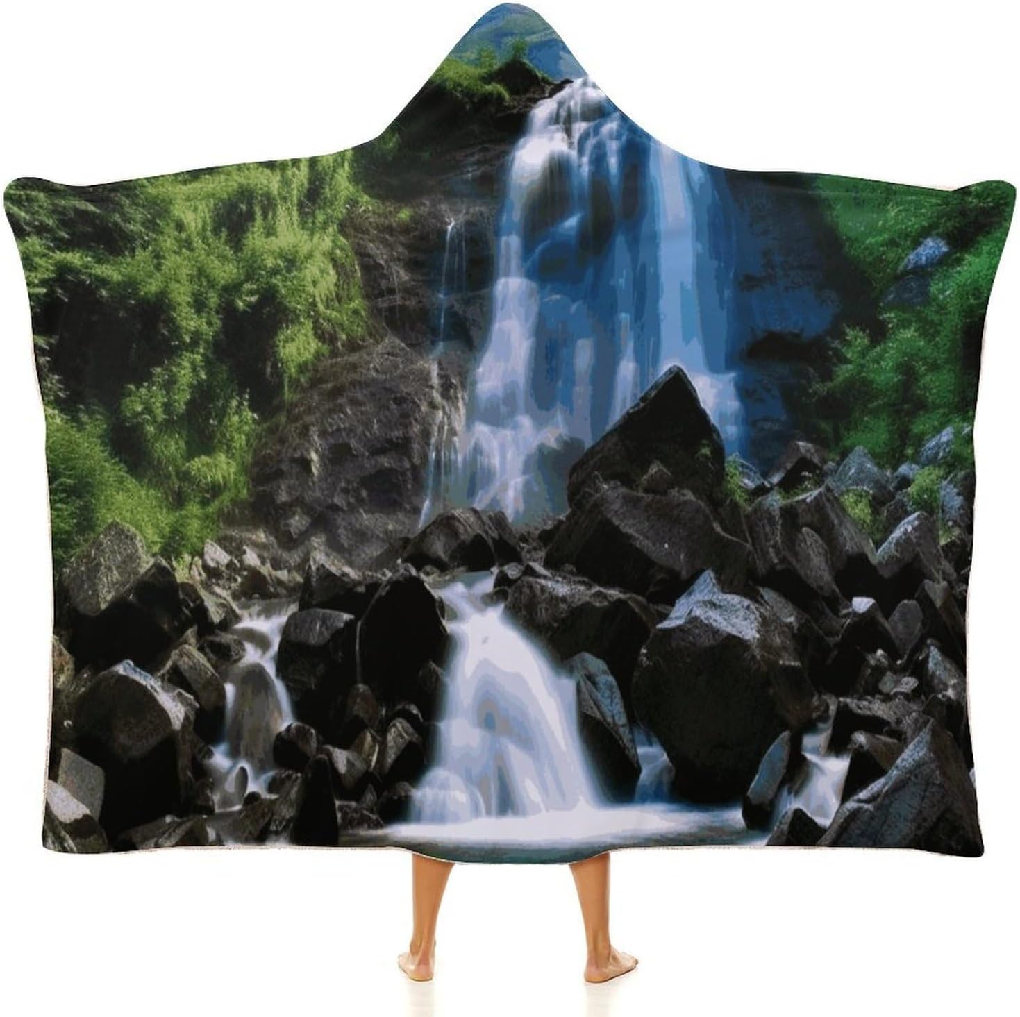 Scenic Mountain Waterfall Wearable Fleece Blanket with Hood for Men & Women Oversized Hoodie Blanket Soft Cozy Gift-