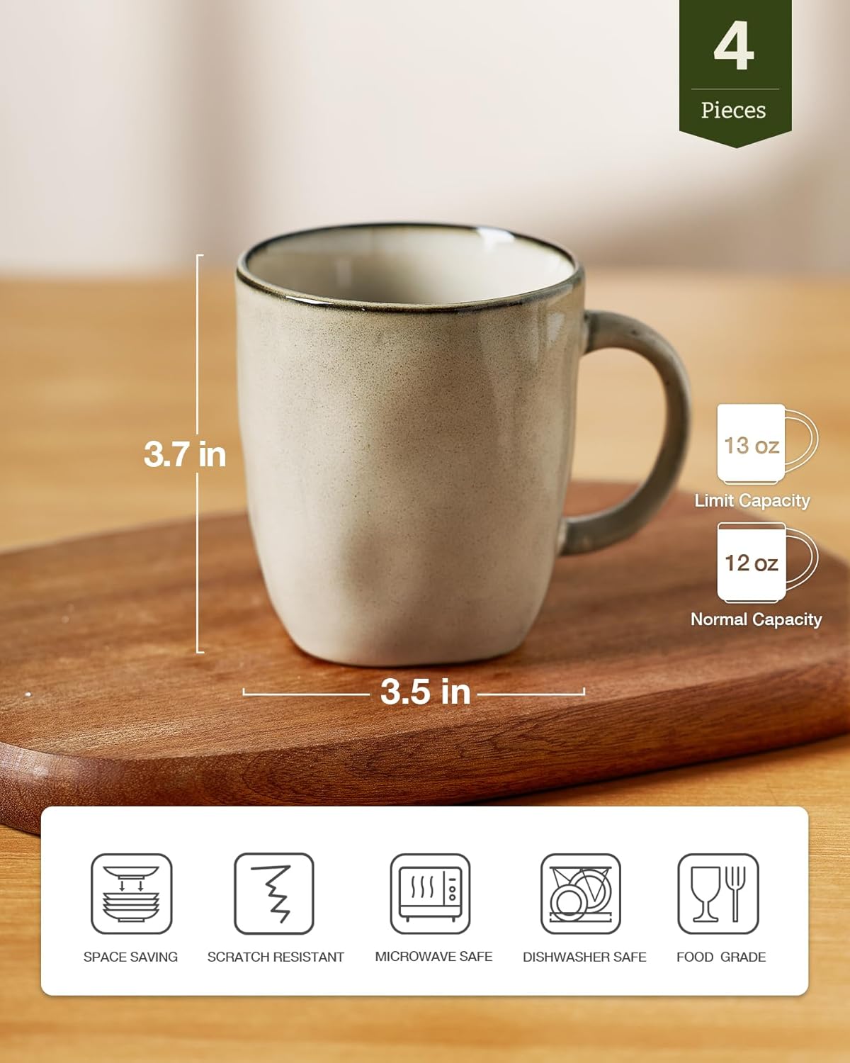 famiware Coffee Mugs Set of 4, Ocean Square 13oz Coffee Cup Set with Handle for Cocoa, Milk, Hot Chocolate, Tea, Water, Stoneware Cups for Kitchen, Microwave and Dishwasher Safe, Light khaki - Image 4