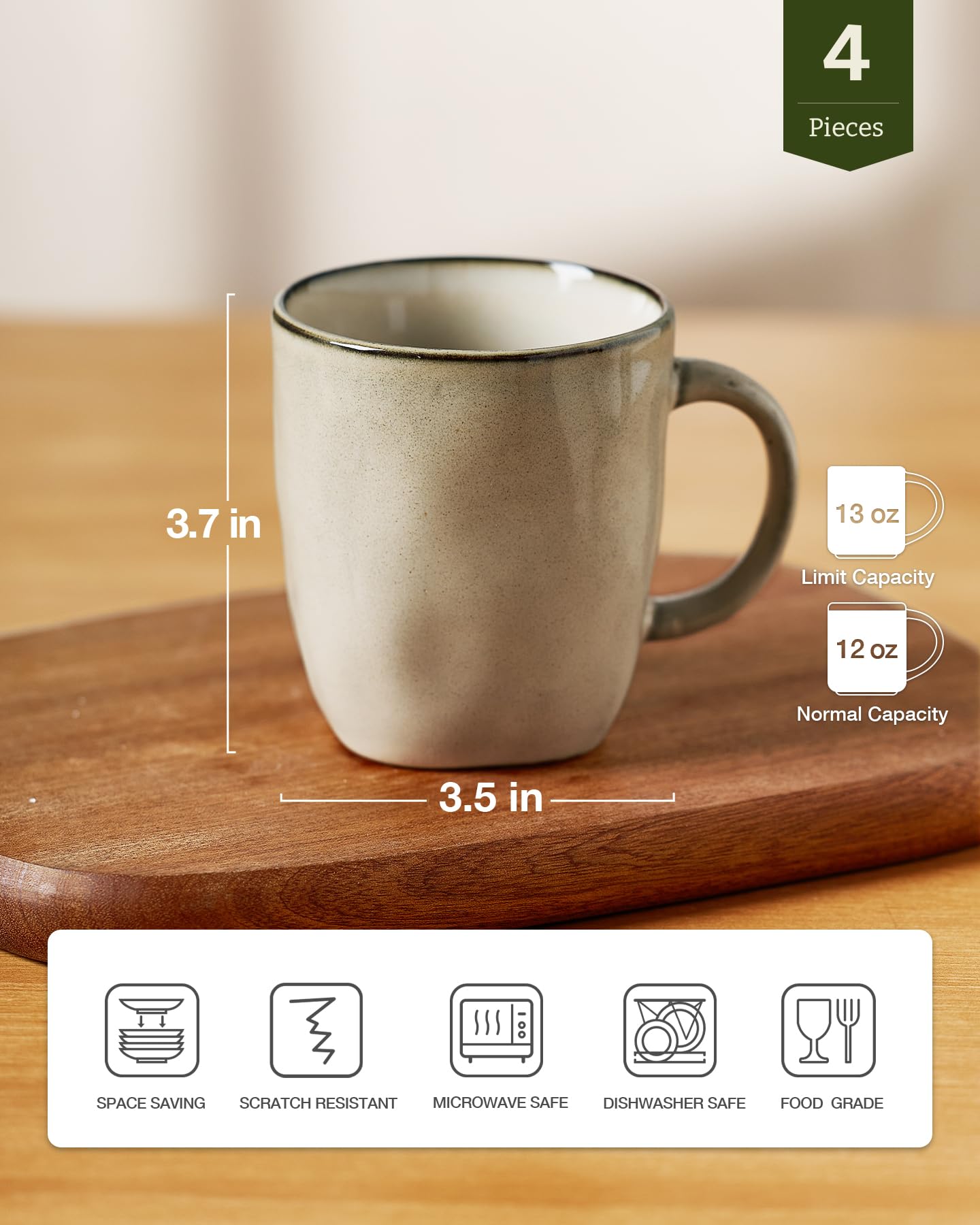 famiware Kaffeebecher-Set, quadratisch, 370 ml, Kaffeetassen-Set mit Griff, für Kakao, Milch, heiße Schokolade, Tee, Wasser, Steingut, Tassen für Küche, mikrowellen- und spülmaschinenfest, Hellkhaki