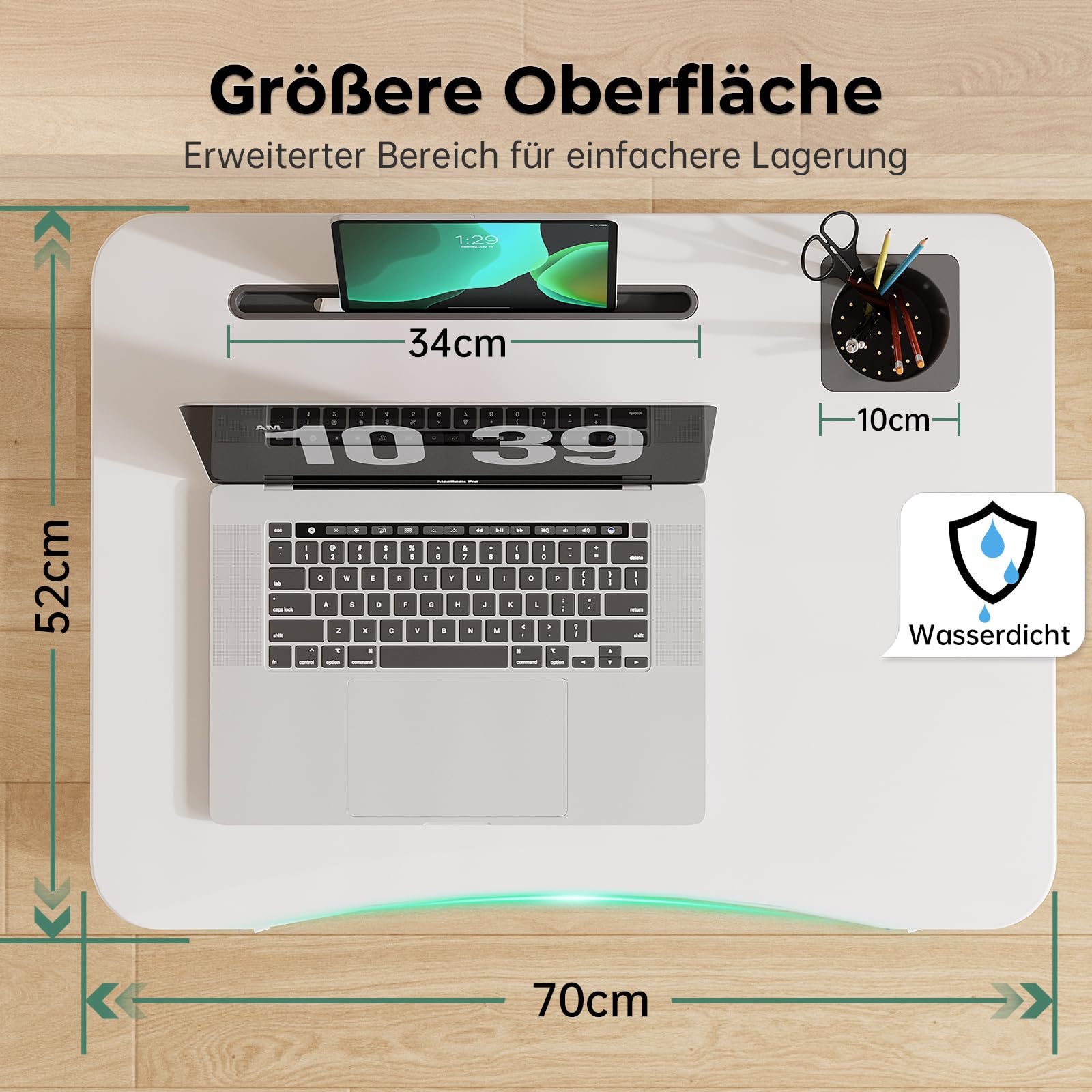 Gibbon Mounts Höhenverstellbar Schreibtisch, Mobiler Laptoptisch mit Rollen | Tragbarer weißer Stehpult 70x52cm mit abgerundeter Tischplatte, Getränkehalter, Schlitz und Haken, 4 feststellbare Lenkrollen
