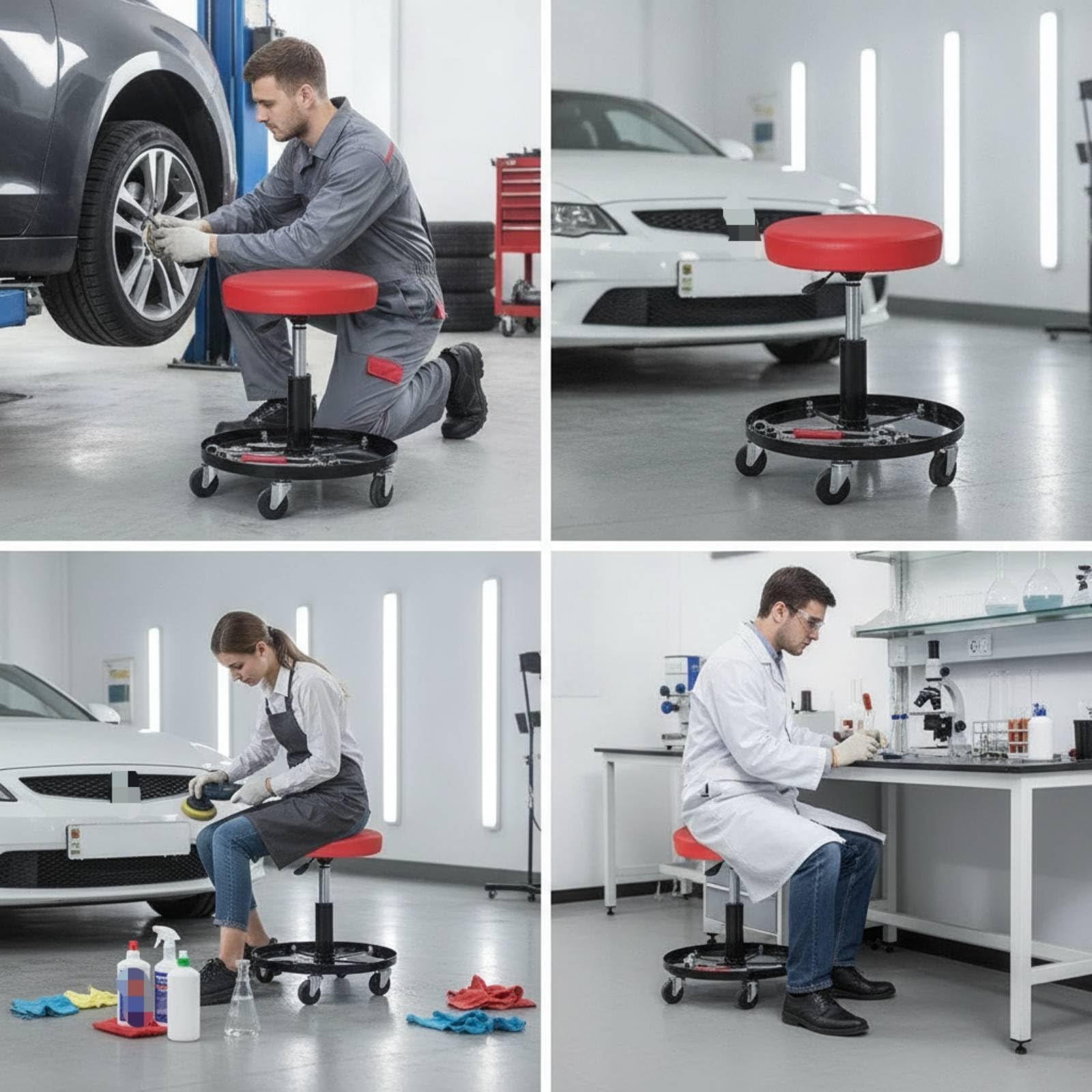 Taburete Mecánico con Bandeja Redondo Taburete Taller con Bandeja Suave Silla Taller Ruedas para Detalladores