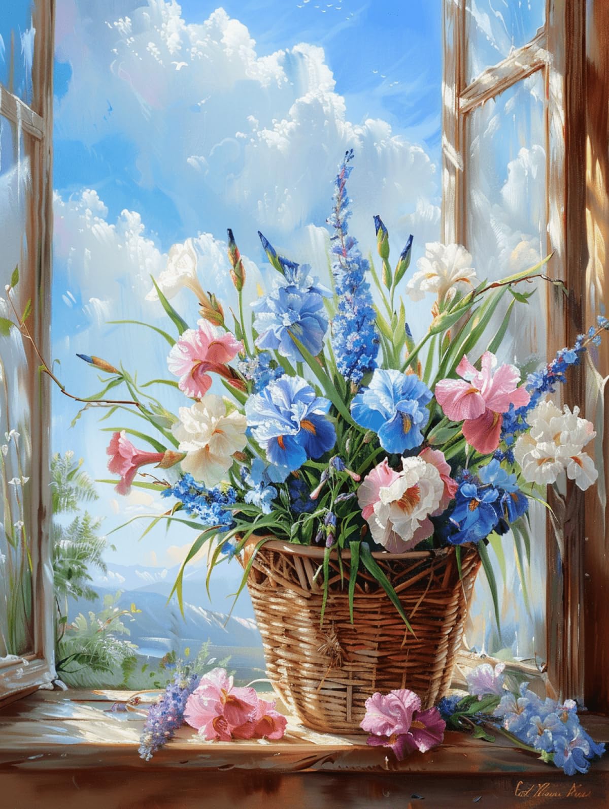 Taxpy Diy Kits De Bordado Con Cuentas Kits De Bordado De Cuentas Con Flores En La Cesta Kits De Punto De Cruz Con Cuentas De Iris Azul Patrón De Abalorios Kit De Bordado A Mano 30x40cm