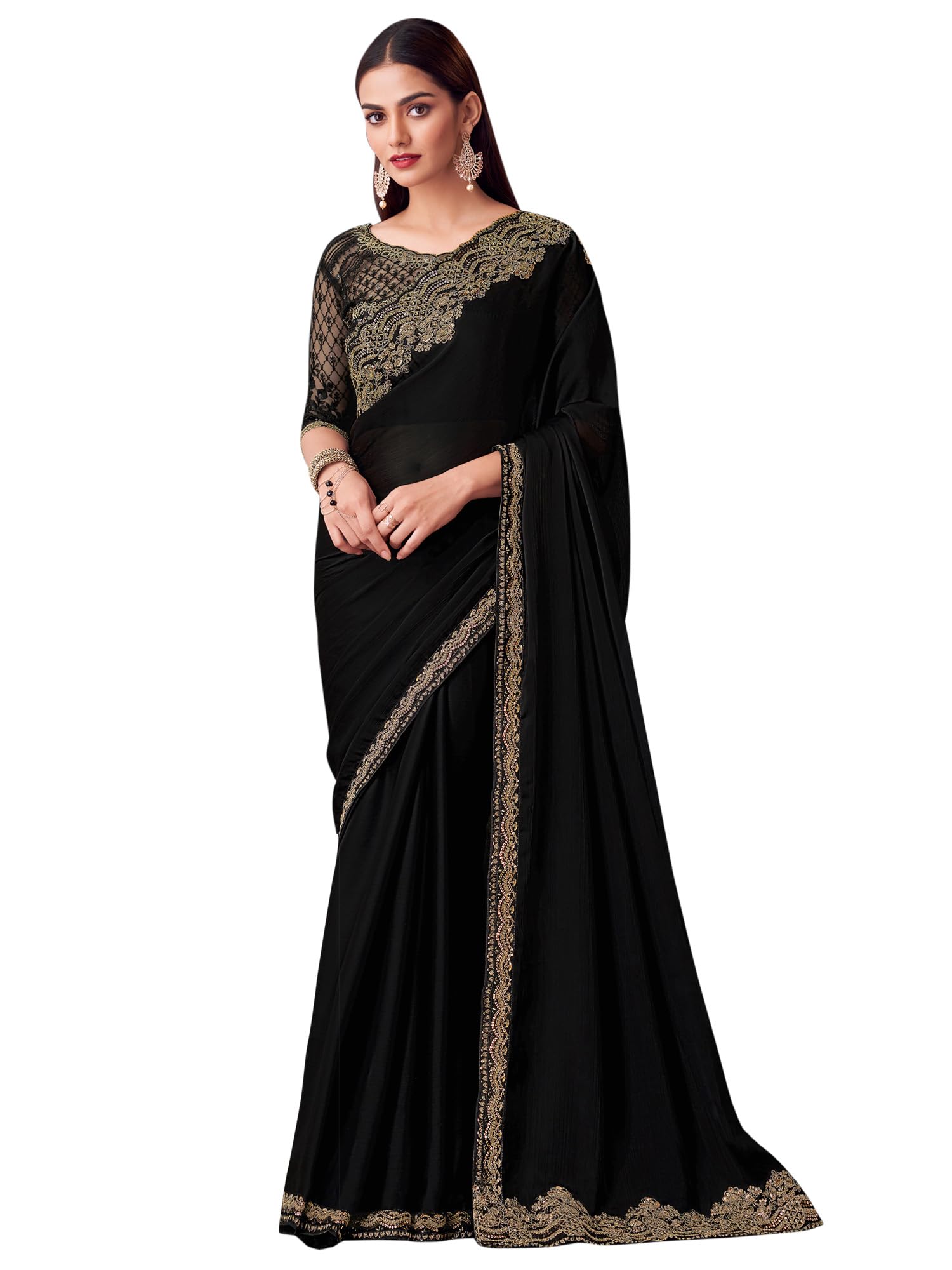 AKHILAM Women's Multicolor Satin Embroidered Saree With Unstitched Blouse (SILVER30001_TFH_Parent)