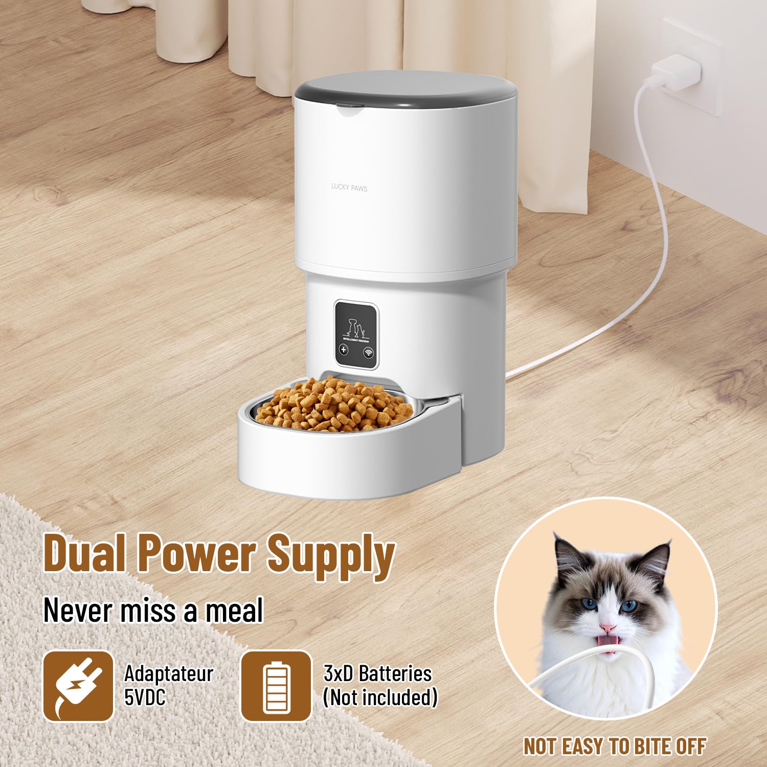 Dispensador Automático de Comida para Gatos y Perros 4L, Programable 1-6 Raciones al Día, Comedero Inteligente con Temporizador, Tolva de Gran Capacidad y Cuenco de Acero Inoxidable (Blanco- WiFi- 4L)