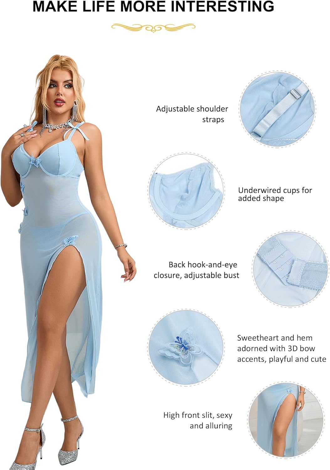 ohyeahlady Babydoll Lingerie for Women V Neck Side Split Mesh Sheer Maxi Lingerie Dress 2 Piece Nightgown with Thong - Image 3