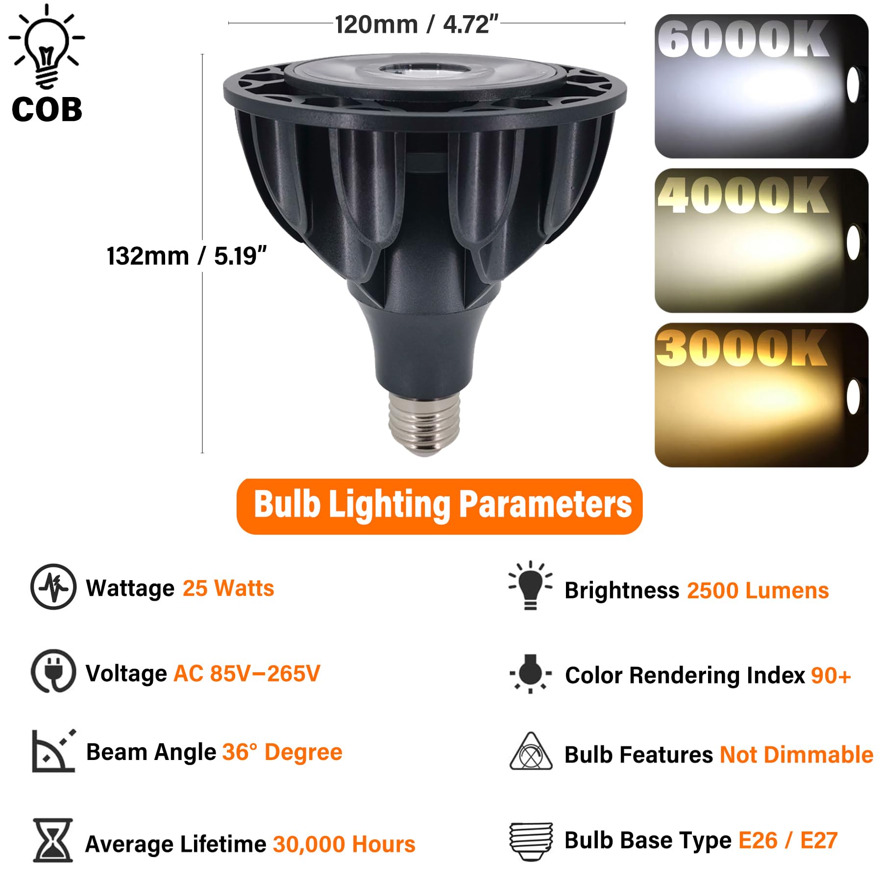 Bombilla LED COB PAR38 de 25 W, 2500 lúmenes, ángulo de haz de 36°, CA 85 V-265 V, base E26/E27, no regulable (8 piezas)