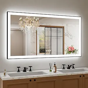Amorho 55" X30" LED Bathroom Mirror with Black Frame, Front Light and Backlit(Controlled Separately), Stepless Dimmable, Anti-Fog, Shatter-Proof, 3 Colors, Memory