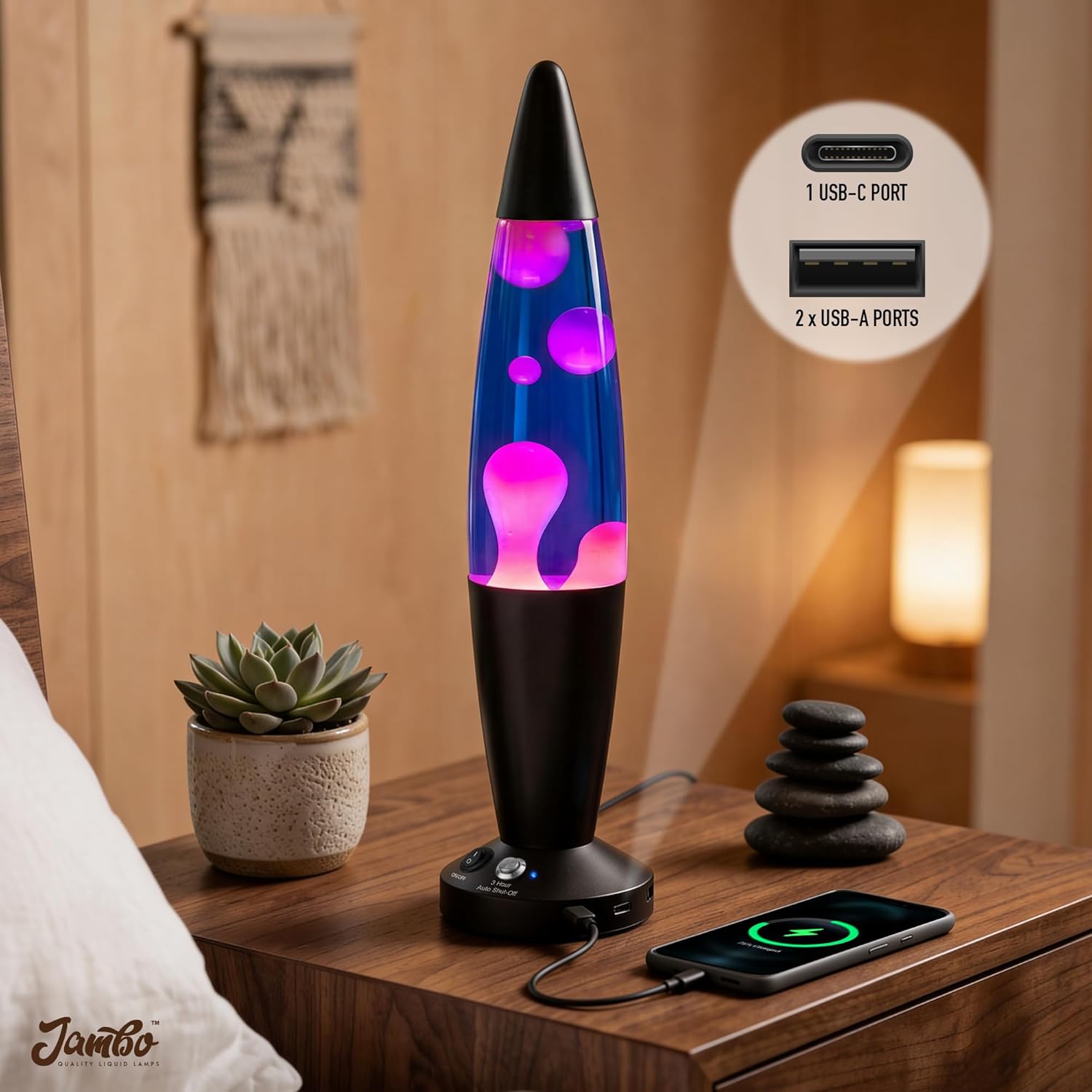 JAMBO 16-Inch Beautiful Lamp with Wax, Relaxing Night Light Home Decor, Extra Tall, Living Room Office Bedroom Lamp for Adults, Teens, Kids (USB, Auto Shut Off, Black Base, Purple Liquid, White Wax)
