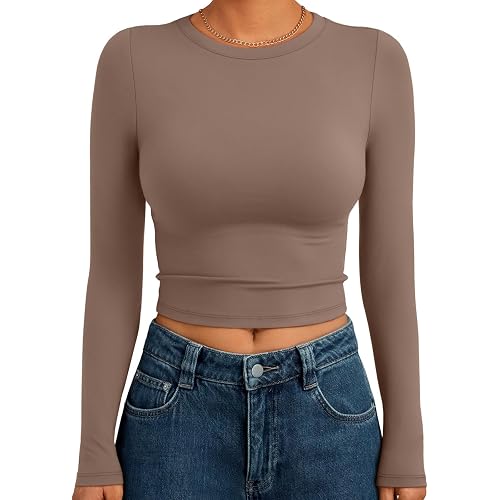 Trendy Queen Womens Long Sleeve Crop Tops Basic Slim Fitted Shirts Spring Fashion Outfits 2026 Teen Girl Clothes