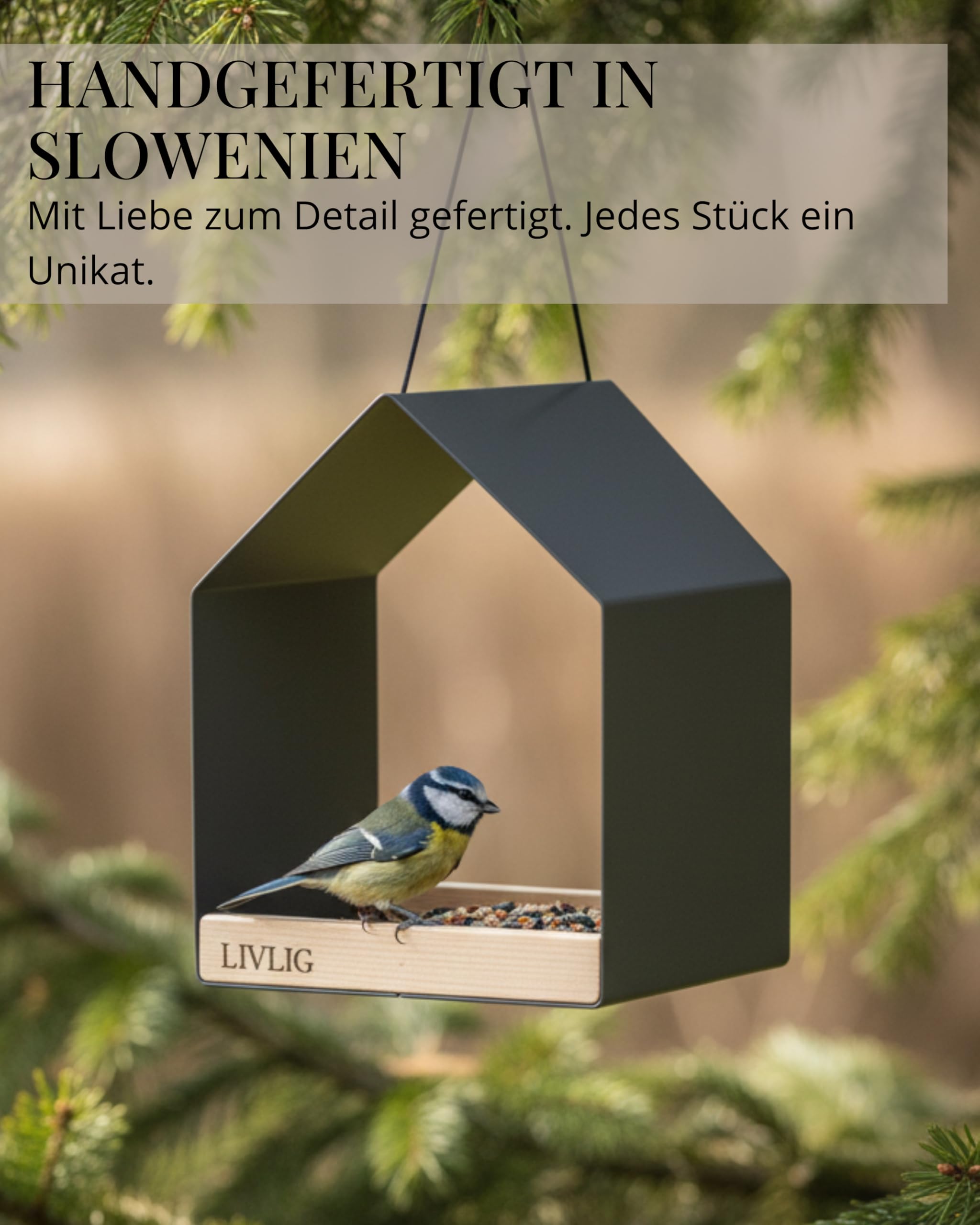 LIVLIG Vogelhaus Metall – 2in1 Vogelfutterhaus & Vogeltränke, Design Vogelhaus zum Aufhängen, wetterfestes Futterhaus für Vögel ganzjährig, Futterspender Vögel, Anthrazit