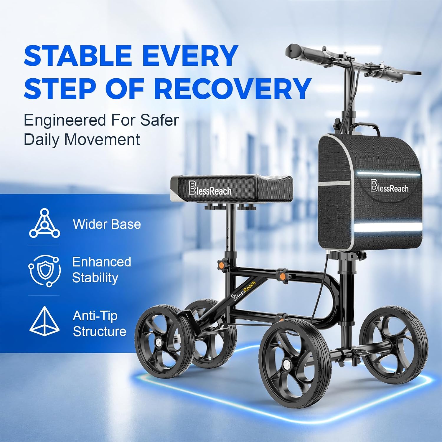 blessreach lightweight knee scooter for adults for foot injuries,knee pad | 300lbs foldable leg knee scooter, 8'' rubber wheels, dual brake, adjustable height, crutch alternative for ankle recovery black