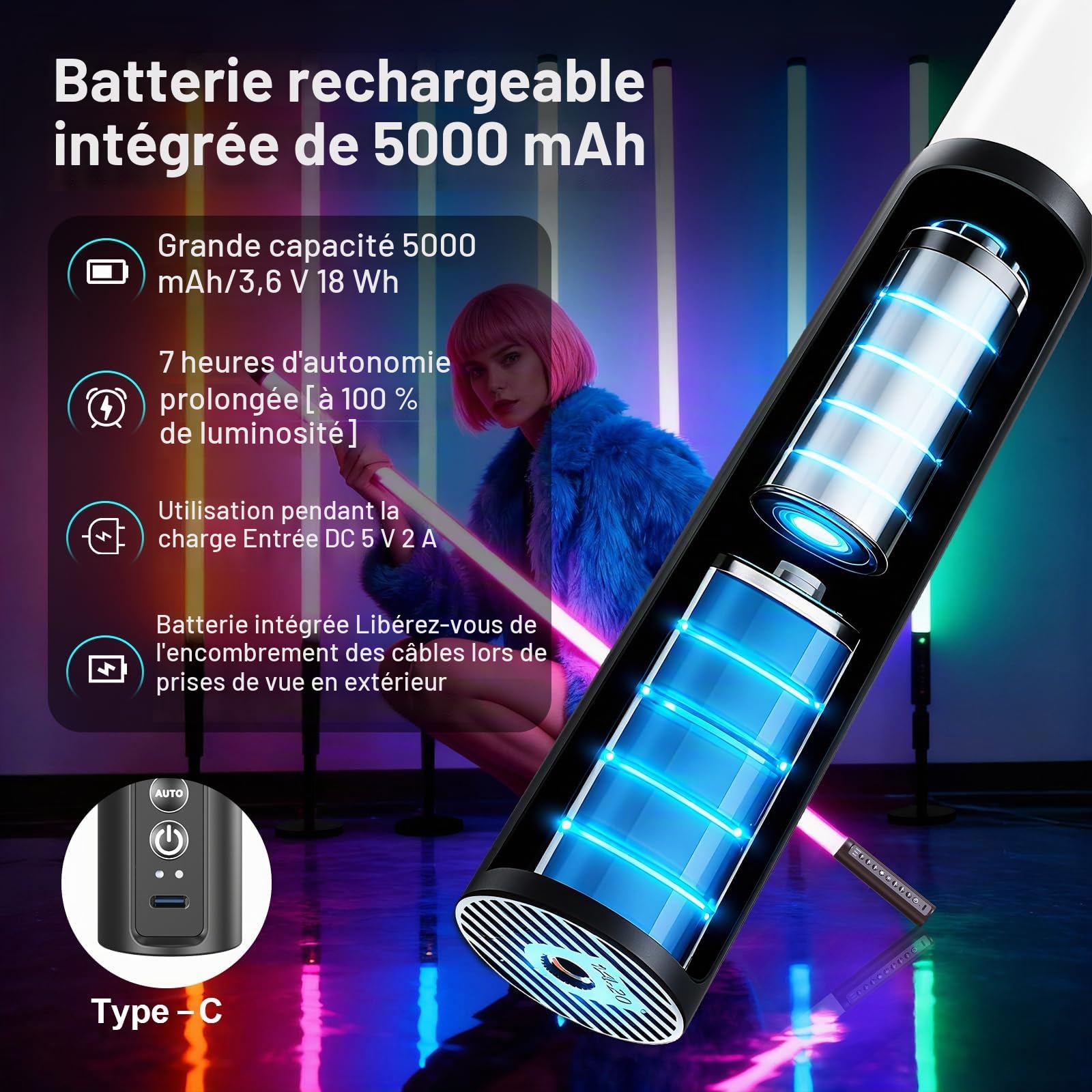 Mood1Pro Lot de 6 lampes vidéo LED 120cm avec trépied, 2,4 G, lampe photo RVB portable, intensité réglable et mode musique, batterie 5000 mAh,Tube lumineux RVB pour YouTube,TikTok,bars,éclairage photo
