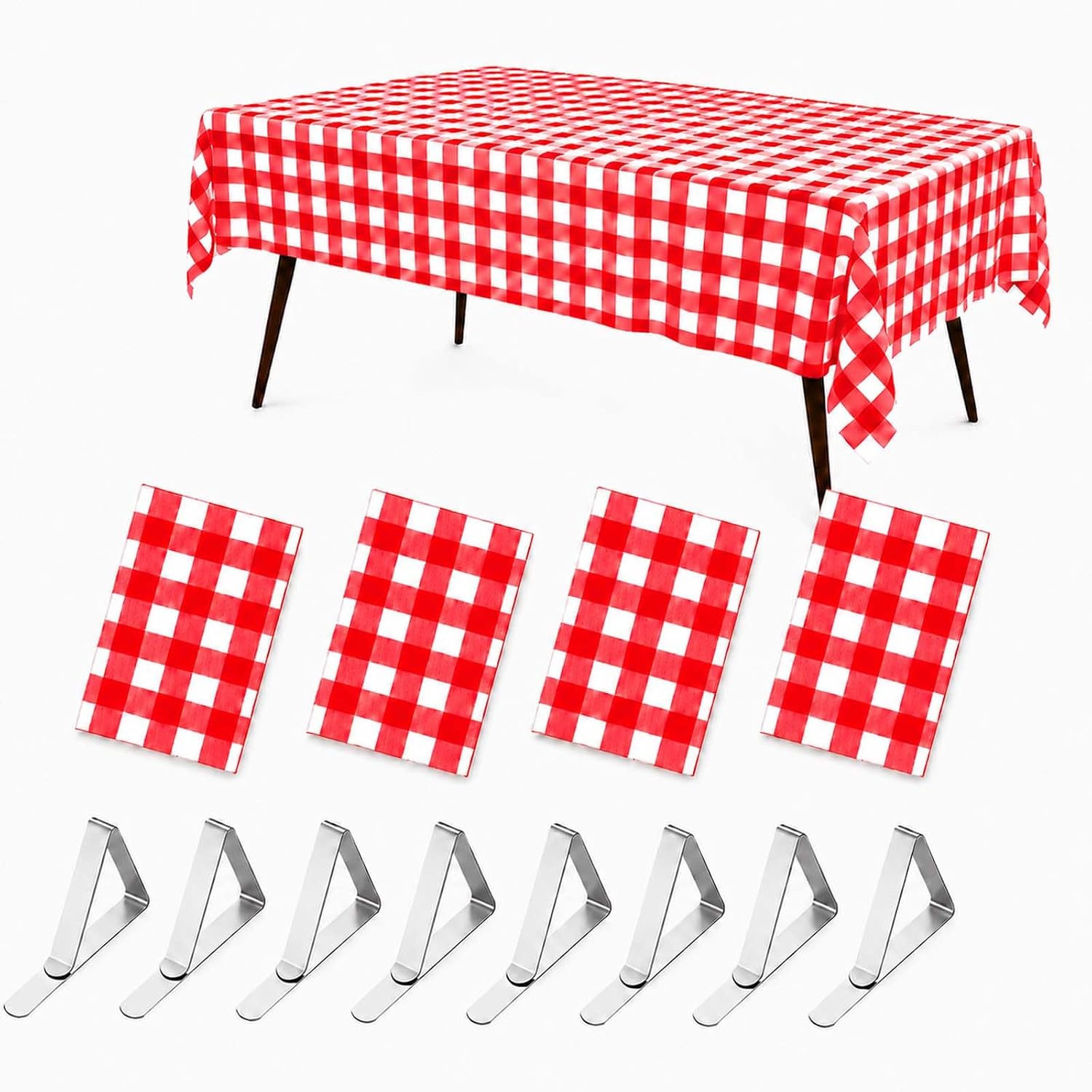 4 Pack Checkered Disposable Tablecloths with 8 Table Clips|54 x 108 Inch Waterproof Red and White Gingham Table Cloths for BBQ, Camping, Birthday Party, Outdoor Parties (4, Red and White)