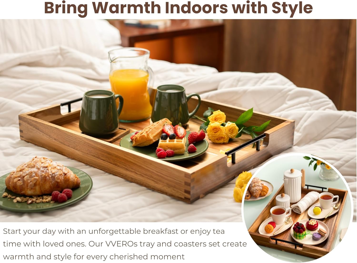 Acacia Wooden Ottoman Tray for Living Room & 6 Coasters Set – 21" Large Coffee Table Serving Tray with Handles, Perfect for Food, Drinks, Kitchen, and Home Decor - Image 6