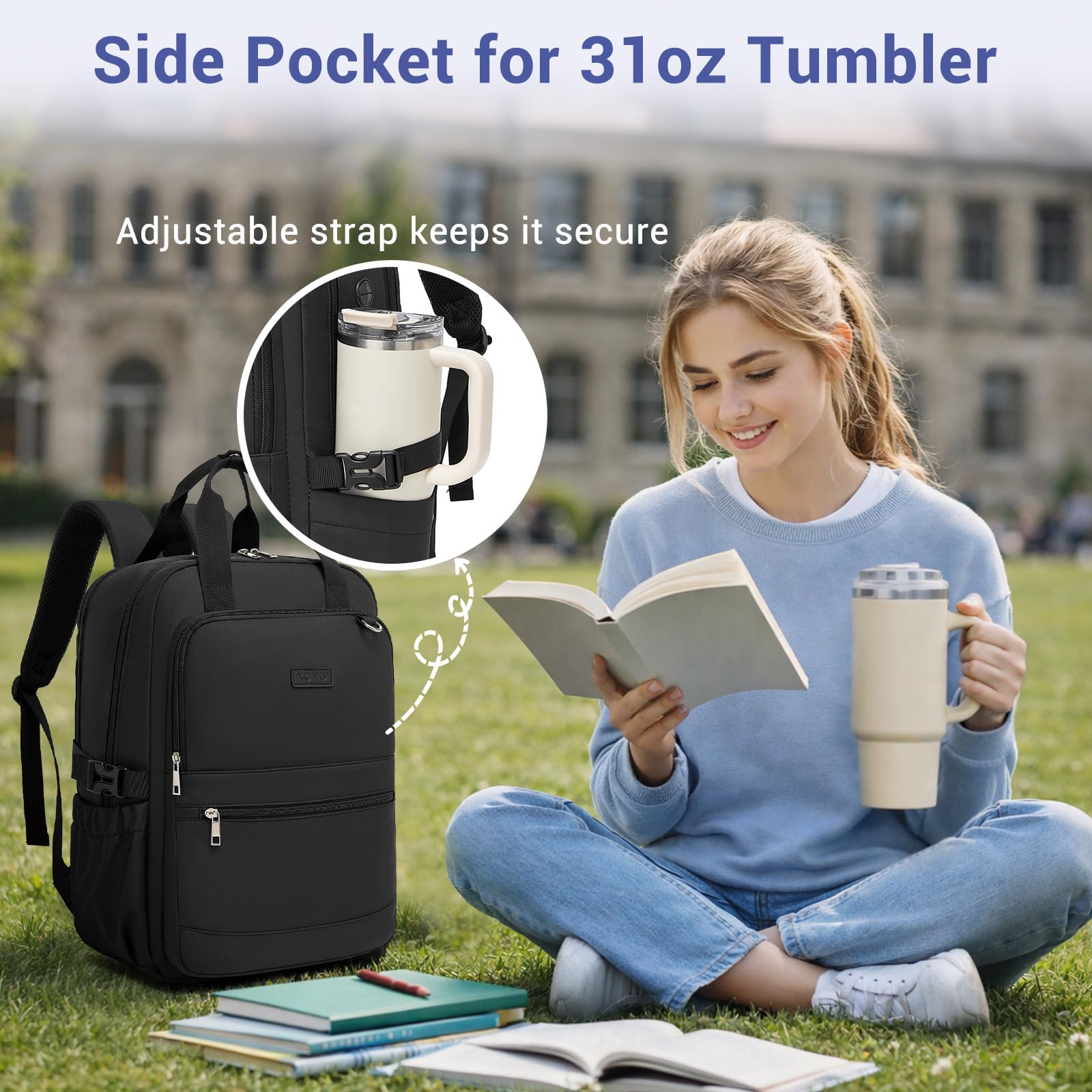 Kono Laptop Backpack Womens with Pouch Pocket for Large Capacity Cup, 15.6 Inch Laptop Bags for Women, Travel Backpack Water Resistant Large Rucksack for Work Business School College Teacher Girls — view 3