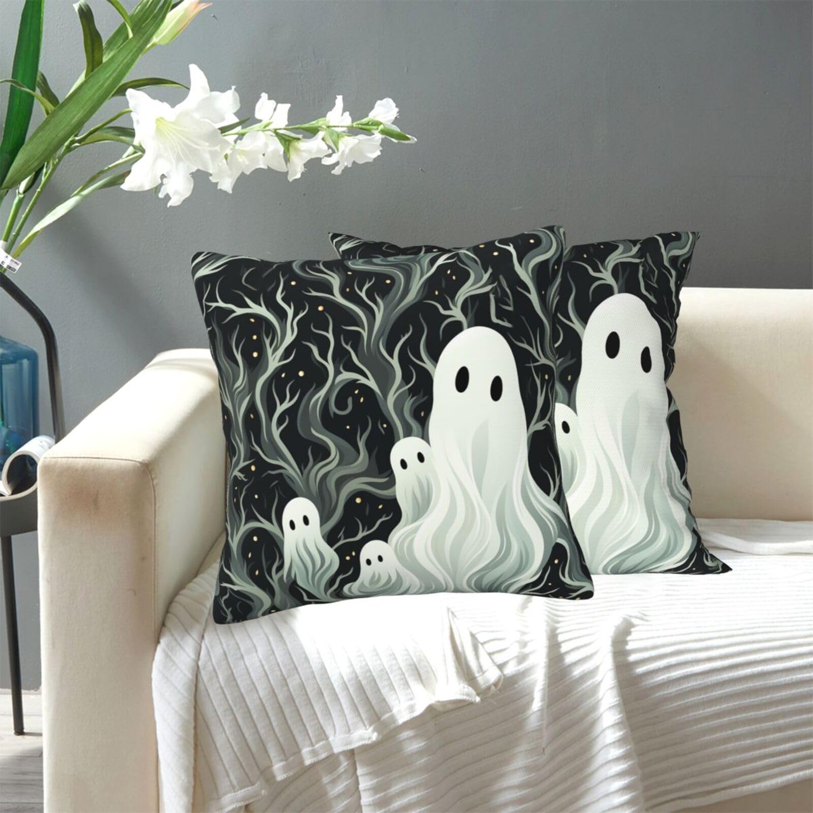 FekiLoot Decorative Throw Pillow Covers Modern Farmhouse Pillowcase Double Sided Cozy Cushion Cover for Sofa Couch Bed 20"X20" White Patterned Ghost