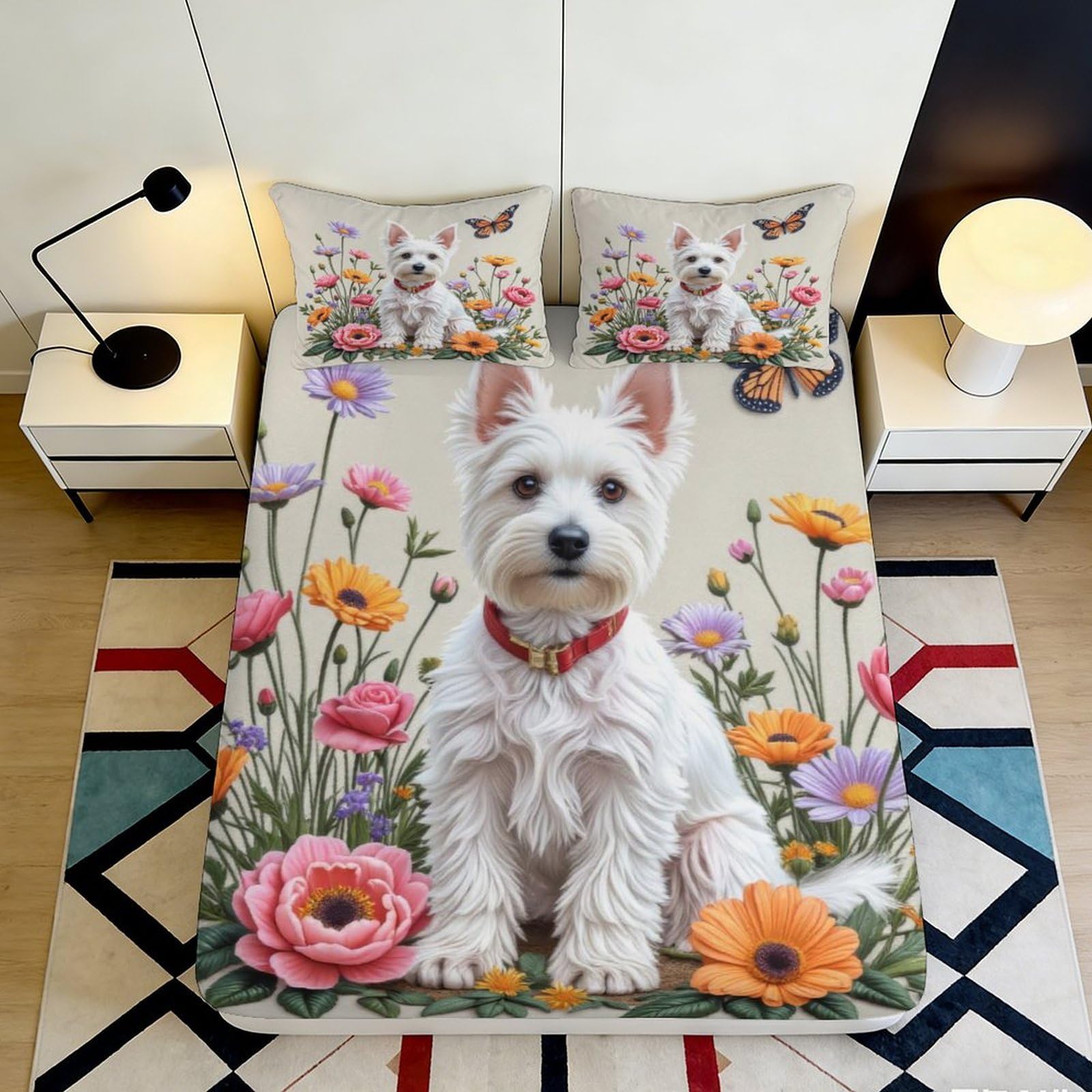 3D Printed White Westie Dog Floral Pattern Fitted Sheet Microfiber Soft Breathable Butterfly Bed Sheet for Bedroom Dormitory Guest Room Mattress Protection 90x200x25cm