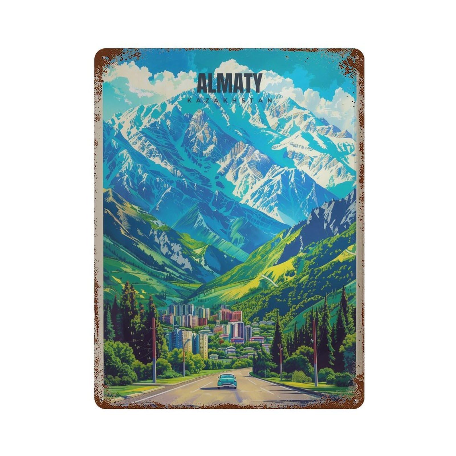 xiaoxiaoshen Almaty Kazakhstan Travel Vibrant Cityscape Wall Decor Art Metal Tin Poster Modern Home Decor Art Home Bar Shop Decorations Vintage Sign 40x30cm