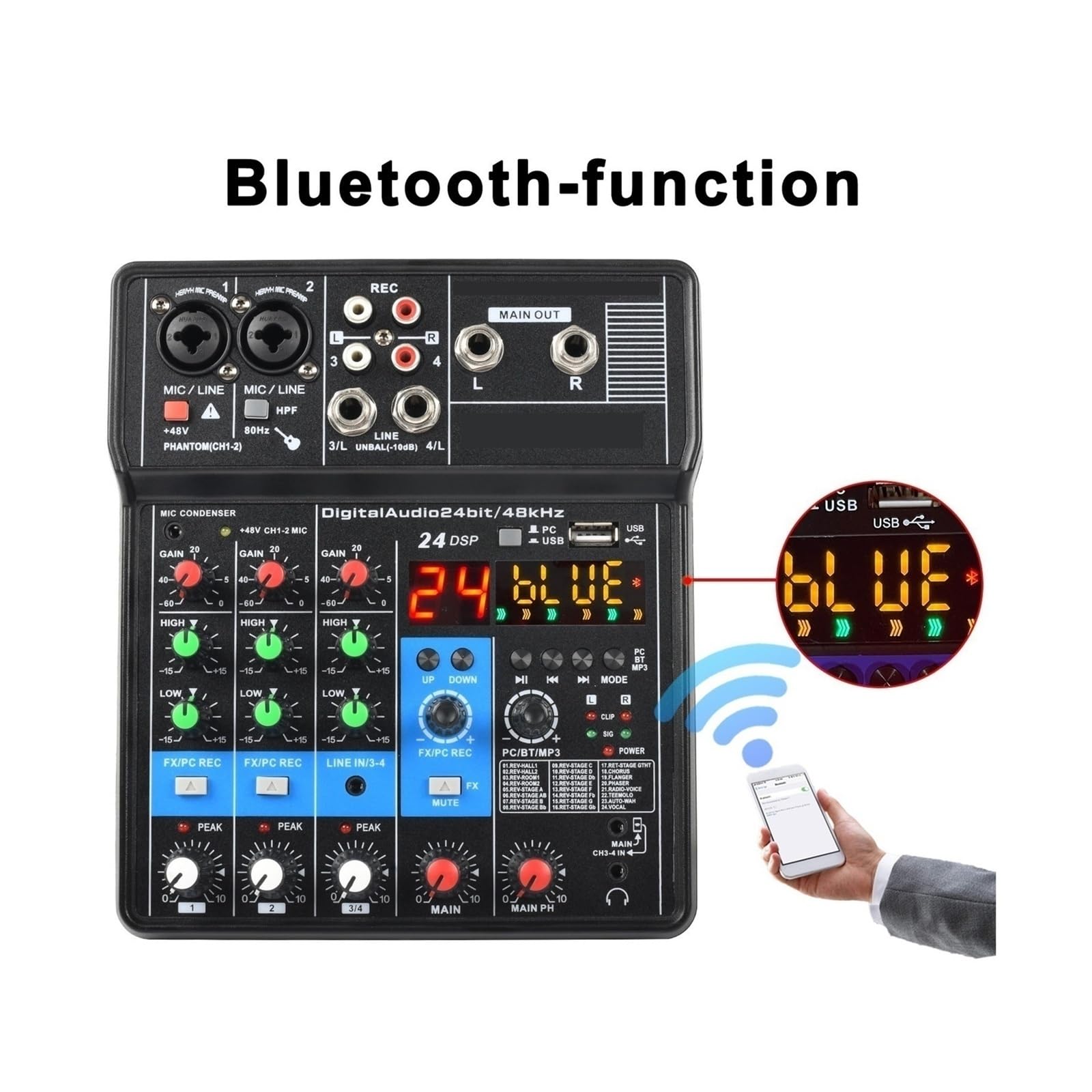 Mezclador de audio, Consola mezcladora de sonido portátil profesional 4 canales Entrada computadora Alimentación 48 V Número modelo Certificación Interfaz Para karaoke en estudio