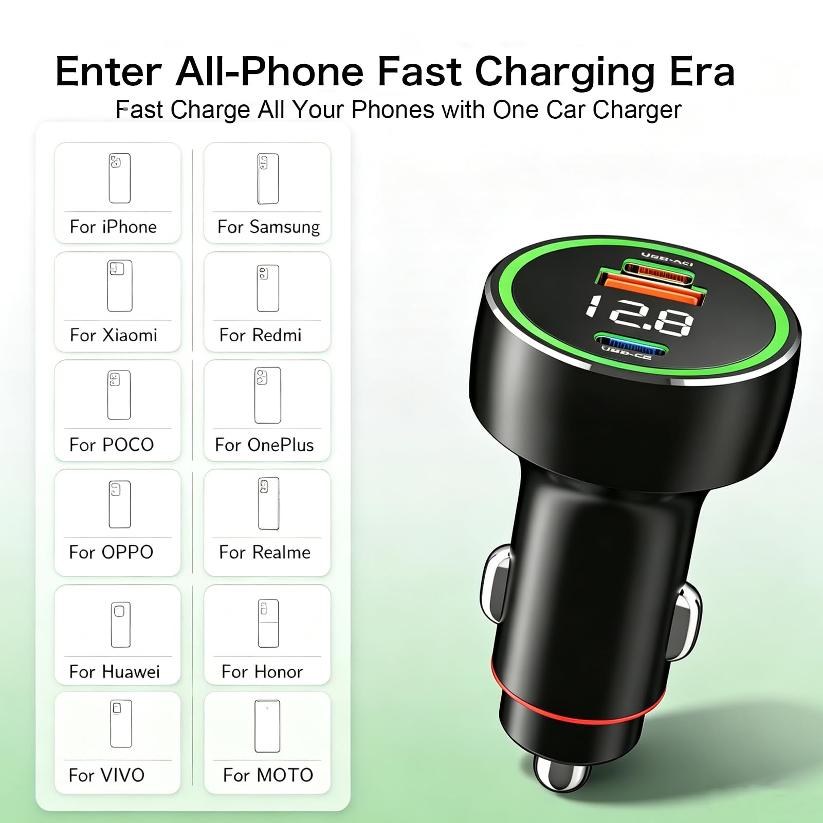 Cargador de coche todo en uno para OnePlus, Oppo, Realme, Samsung, iPhone, Xiaomi, Redmi y Poco, para smartphones, tabletas, ordenadores portátiles y relojes inteligentes (añadir cable de 2 m)