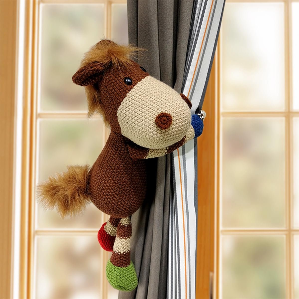 Embasses pour Rideaux, Lot de 2 Sangles Maintien en Tissu Doux et Mignon, Motif Animal, avec Bouton élastique(Horse)