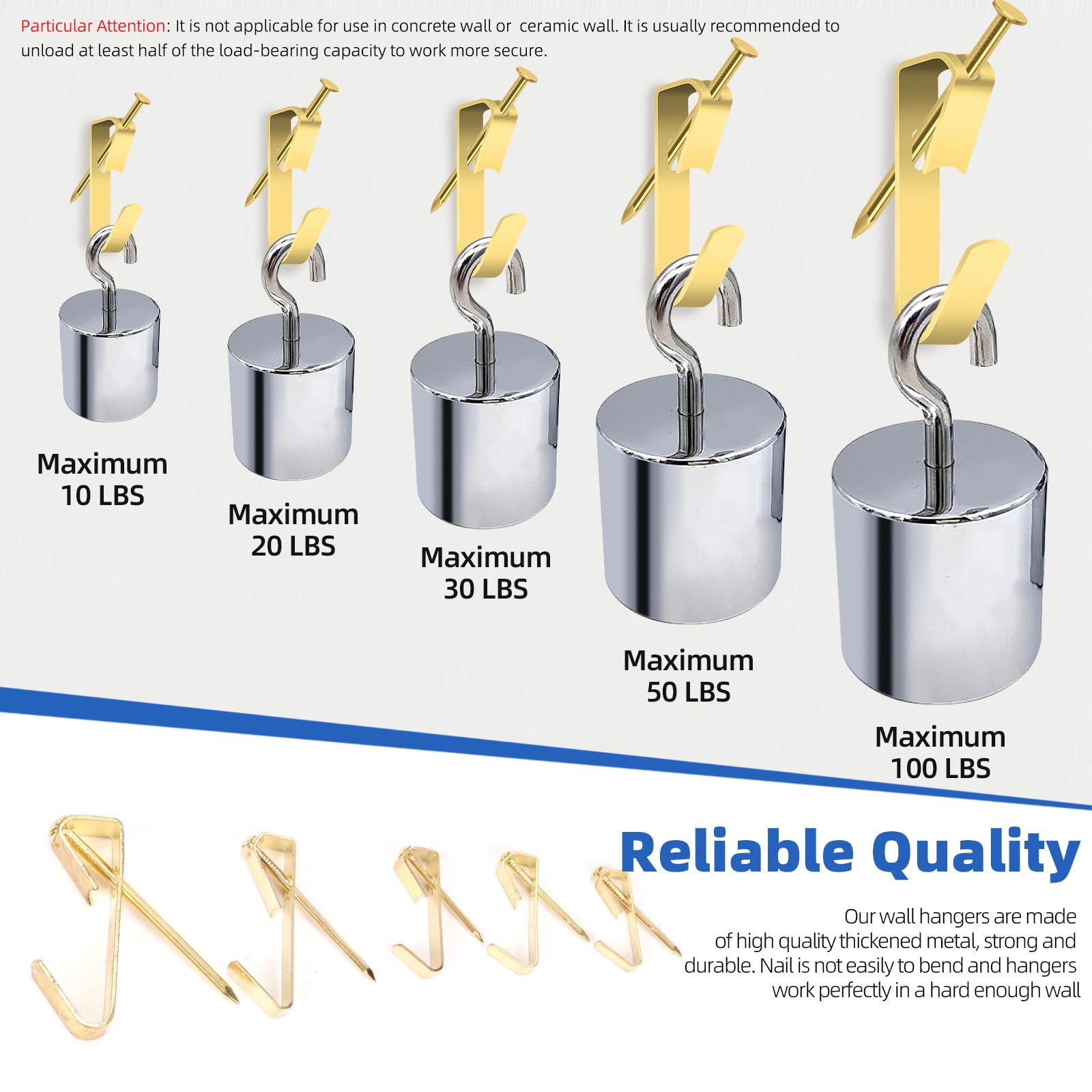 Glarks 75pcs 10lb/20lb/30lb/50lb/100lb Picture Hangers Hooks with Nails Kit, Golden Picture Photo Hanging Hooks with Nails - Image 4