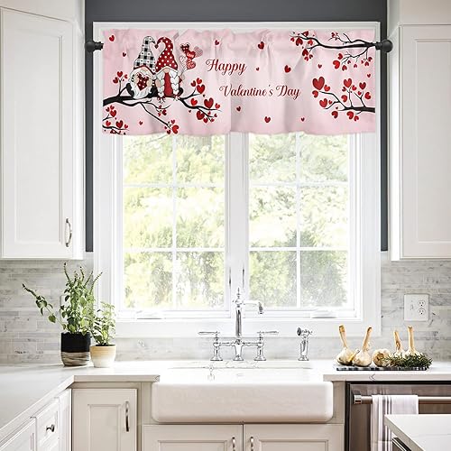 Miniatura 3 de Valentines Kitchen Curtains and Valances Set Red Love Heart Tree Gnomes Kitchen Curtains Set Rod Pocket Tier Curtains 36 Inch Romantic Pink