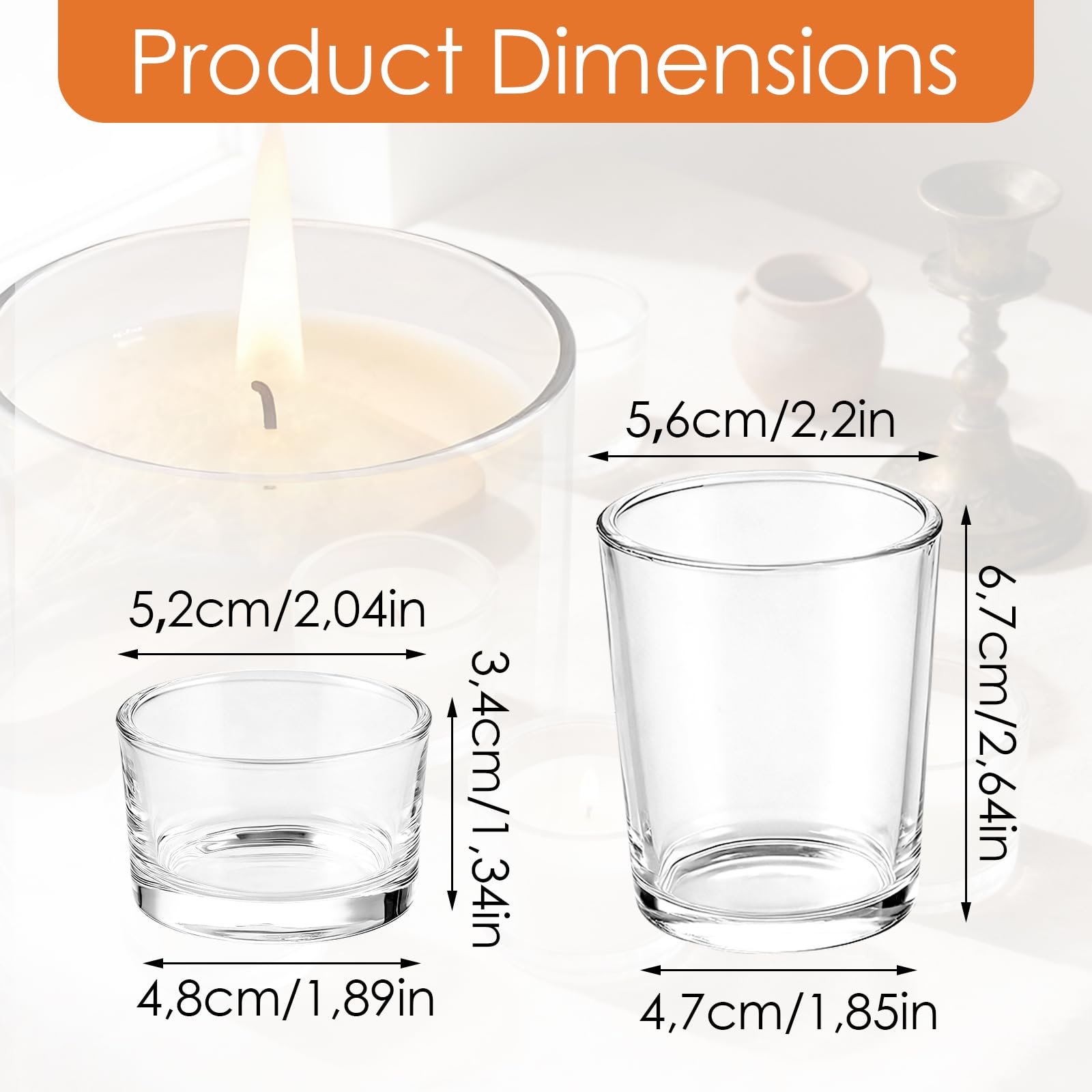 JMIATRY 24 Piezas Portavelas Cristal Transparente 2 Tamaños Vasos para Velas 5,2x3,4 cm y 5,6x6,7 cm Portavelas de Vidrio para Hacer Velas, Decoracion, Eventos
