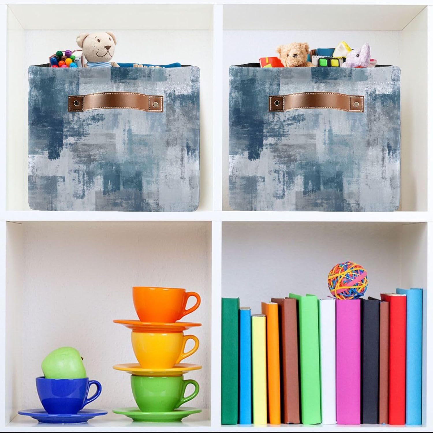 OTVEE Canvas Bins for Closet Shelves Organizing Blue Rough Brush Art Storage Basket Baby Clothes Organizers Storage Box Nursery Bins Gift Baskets 2 Pack