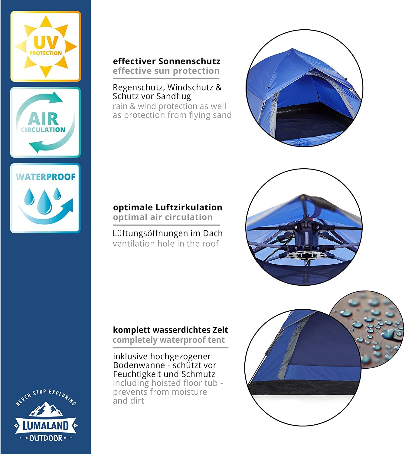 Lumaland Tienda de campaña desplegable | Tienda de campaña para 2-3 Personas 215 x 195 x 120 cm | Tienda de campaña iglú para 4 Estaciones | Tienda de campaña para Senderismo y Festivales al Aire