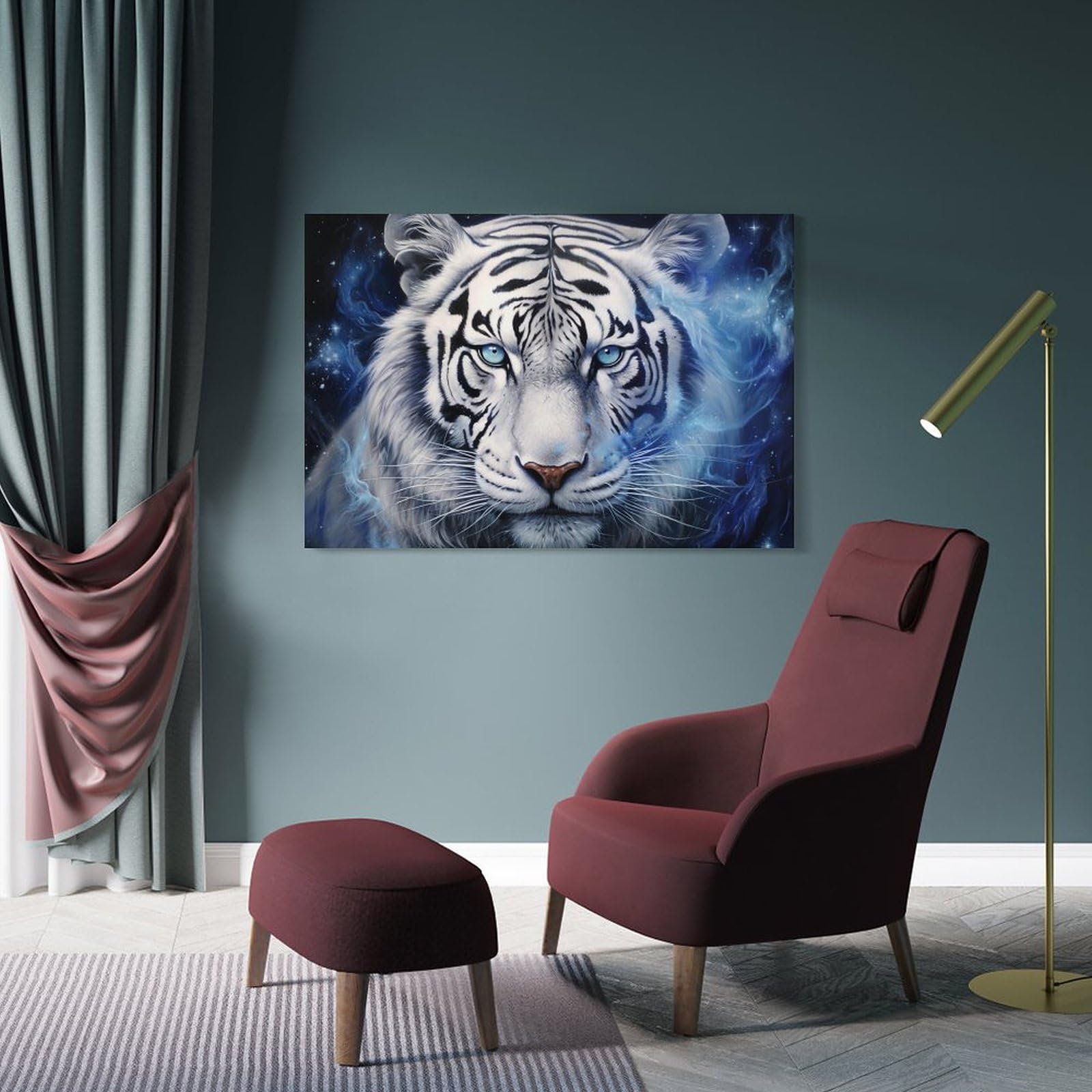 Quadro Su Tela Tigre Occhi Azzurri Con Fiori - Decorazione Parete Bianco E Nero 30x45cm - Foto 4