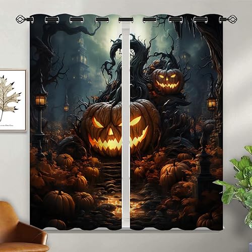 Miniatura 10 de Cortinas opacas de Halloween para niñas y niños, decoración del hogar, cementerio espeluznante, calabaza, con ojales, aislamiento térmico, cortina