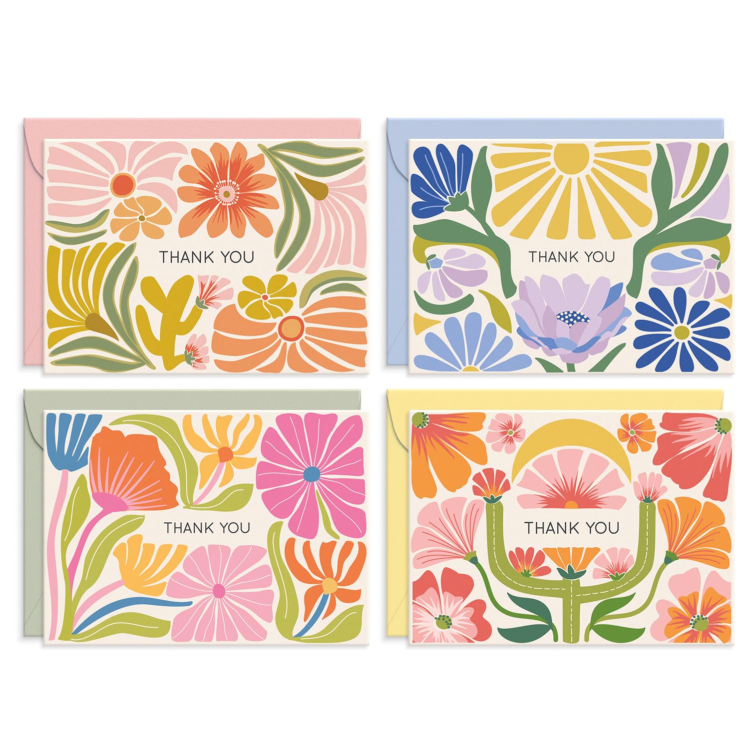 S&O Thank You Cards with Envelopes - Blank Stylish papers for Handwritten Messages -Set of 24 decor sheets and Envelopes - Assorted cute Cards with Stylish Color covers to Mix & Match