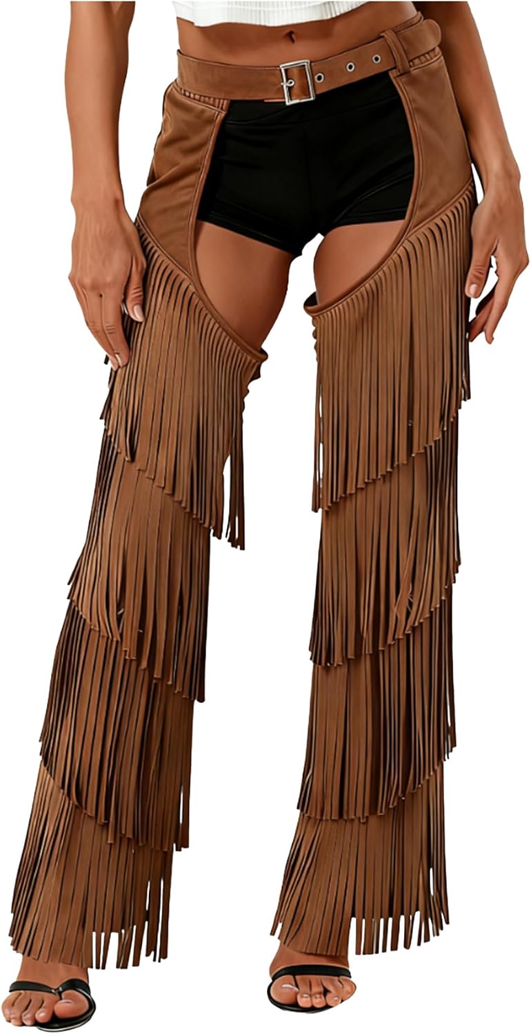 Jugaoge Women's Cowgirl Chaps Pants Hollow Out Fringe Long Pants Costumes Assless Motorcycle Trousers