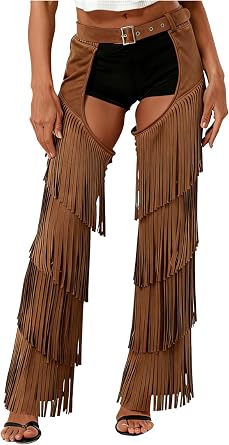 Jugaoge Womens Cowgirl Chaps Pants Hollow Out Fringe Long Pants Costumes Assless Motorcycle Trousers