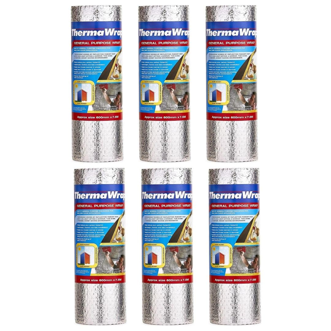 General Purpose Insulation Wrap ThermaWrap 600mm x 7.5m (Pack of 6) | Multi-Purpose Reflective Foil Insulation | Ideal for Attics, Lofts, Sheds & Garages | Energy Saving Barrier