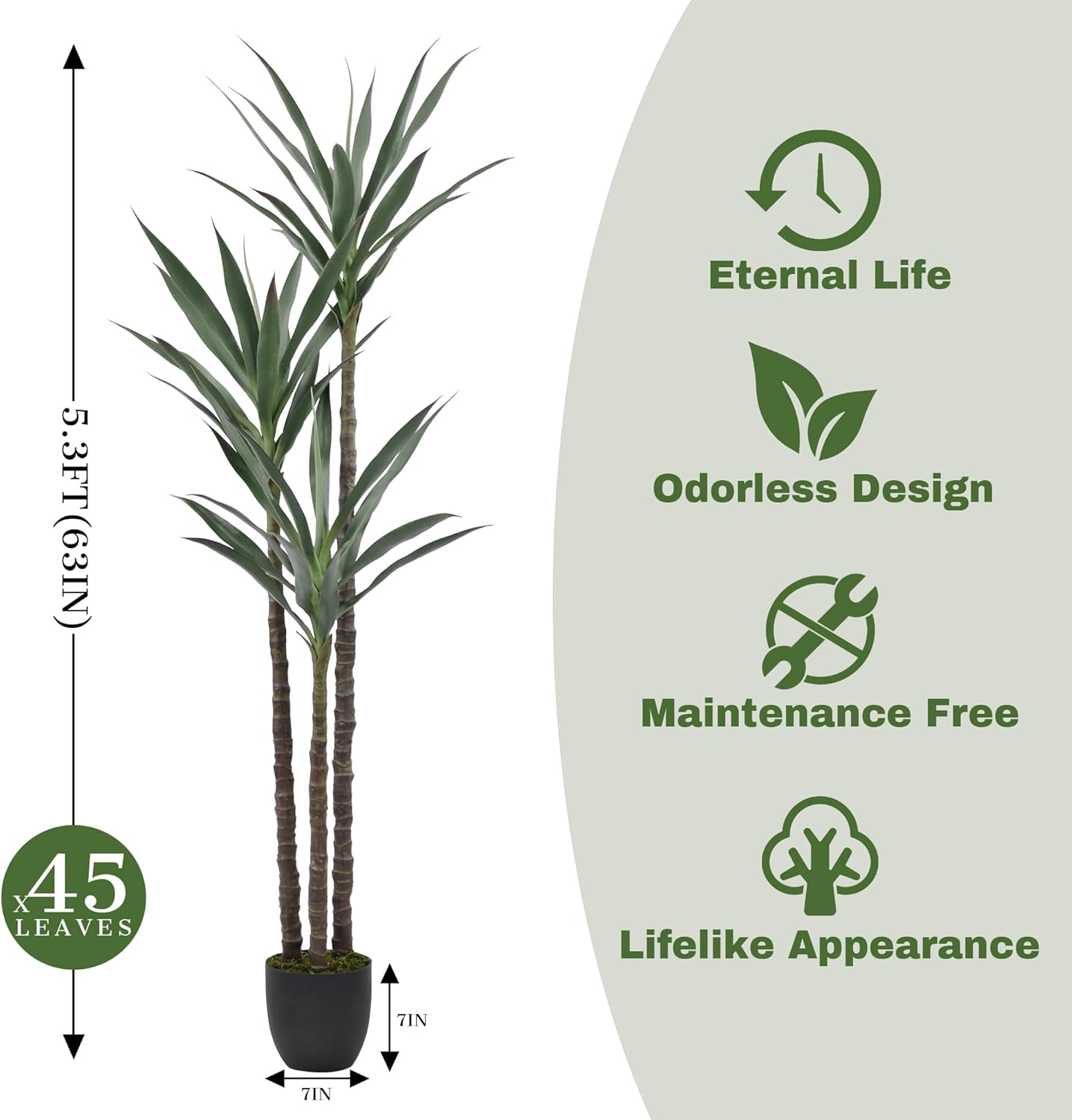 Artificial Tree 5.3ft Faux Agave Plant with 45 Leaves and 3 Realistic Trunks,Fake Floor Potted Artificial Tall Plants for Home Office Garden Decor Indoor (5.3Feet,1Pack)