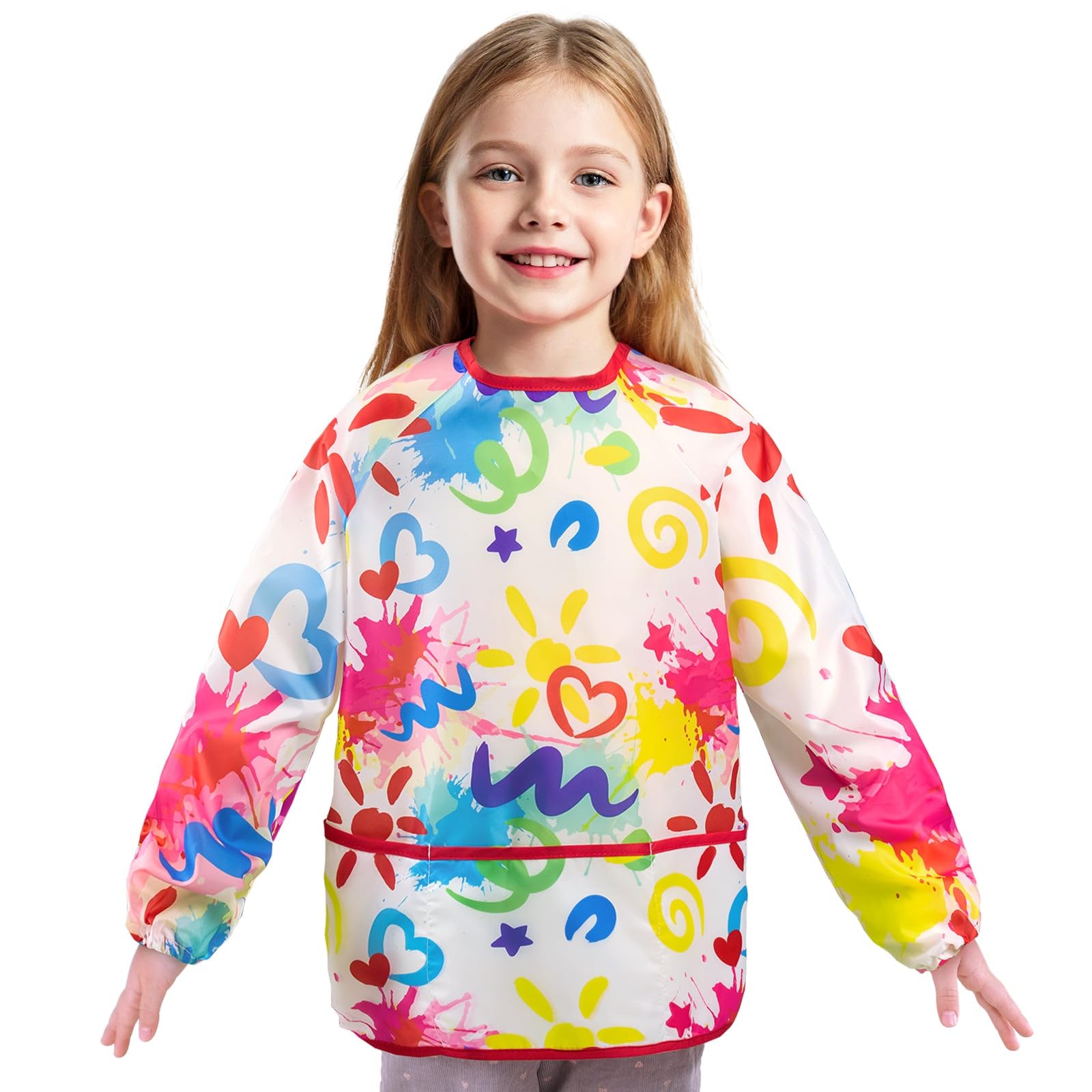 WERNNSAI Kids Art Smock for Girls - Doodle Kids Aprons Waterproof Toddler Art Painting Smock for Girl 3-6 with Long Sleeve and 3 Pockets Painting Eating Cooking Baking Gardening Apron — image 1