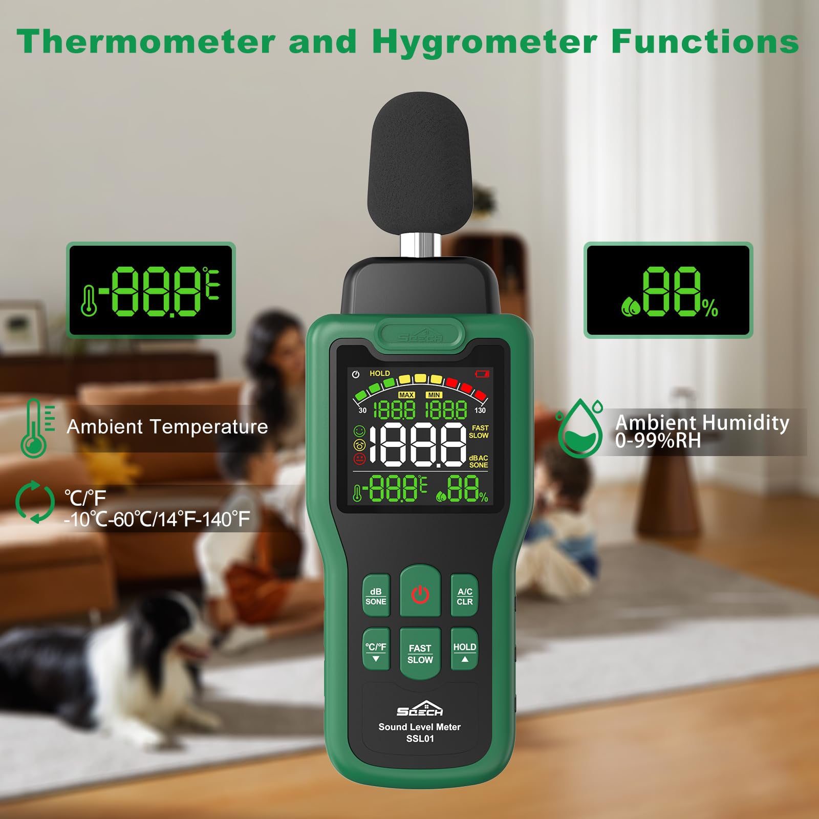 Sonometro, Medidor de Decibelios SQECH que Puede Medir Temperatura y Humedad, Decibelimetro de Pantalla Retroiluminada a Color, Pondération A/C, Unidades dB/SONE, Respuesta rápida/lenta, 30–130dB