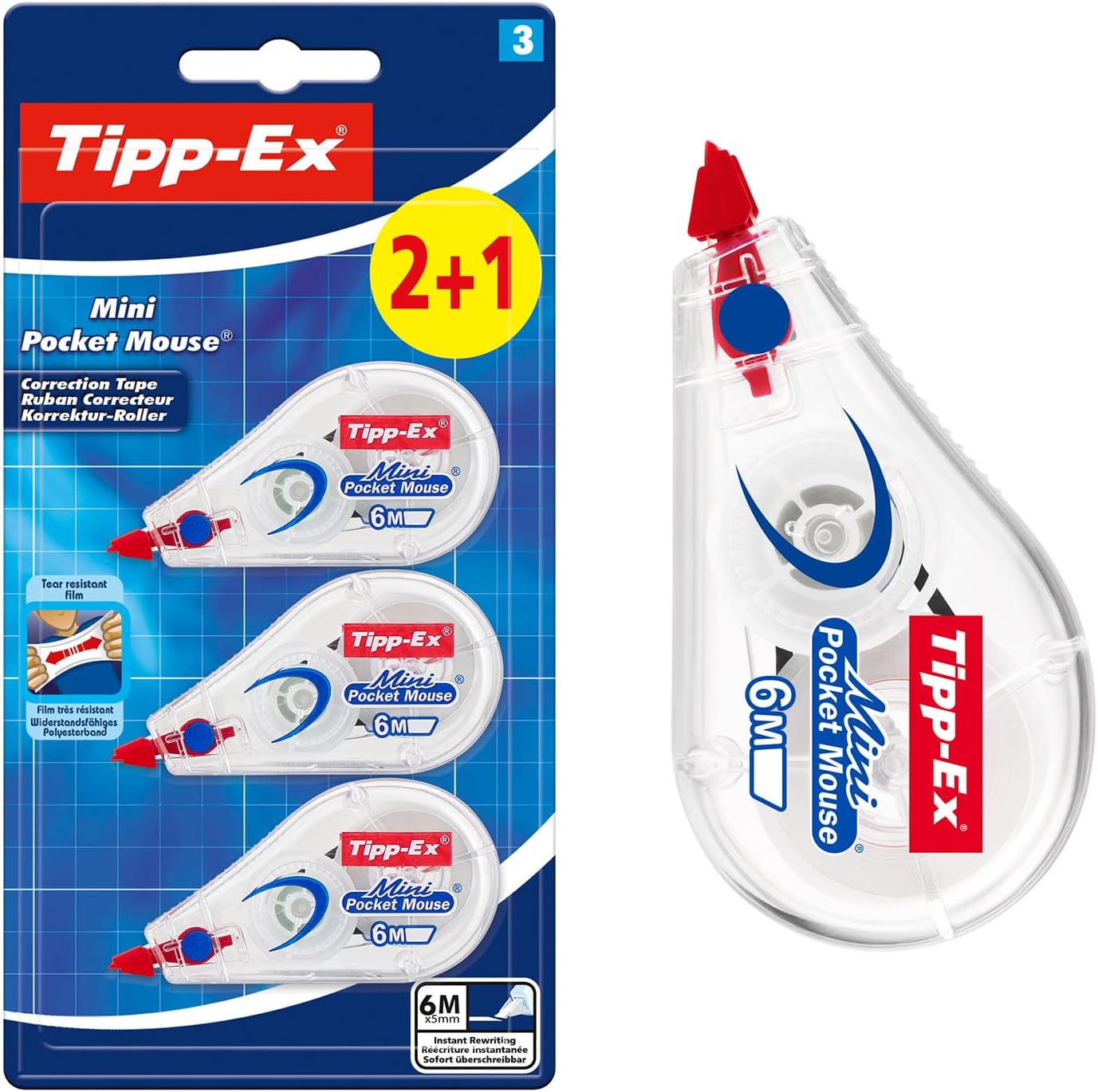 Tippex Mini Pocket Mouse Pack of 3 - White BIC Tipp Ex Tape Pen Eraser for Making Corrections