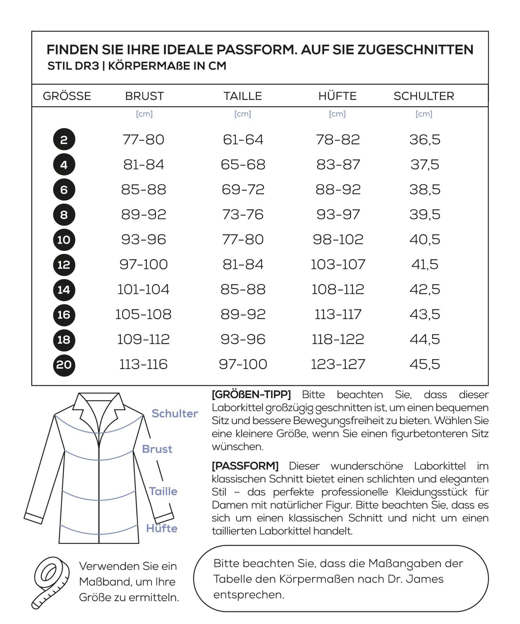 Dr. James Laborkittel Damen 100% Baumwolle, Klassischer Regular Fit Arztkittel mit verdeckten Druckknöpfen, 3 Taschen & 94 cm Länge, OEKO-TEX® zertifiziert, Weißer Medizin Kittel