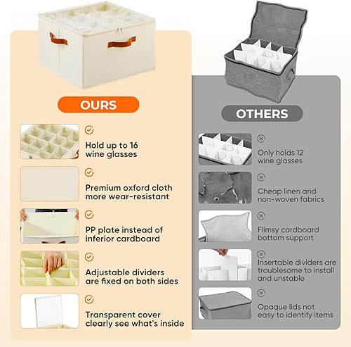 Miniatura 7 de Caja de almacenamiento para copas de vino con divisores, paquete de 2 recipientes de almacenamiento de cristalería, estuches de almacenamiento con