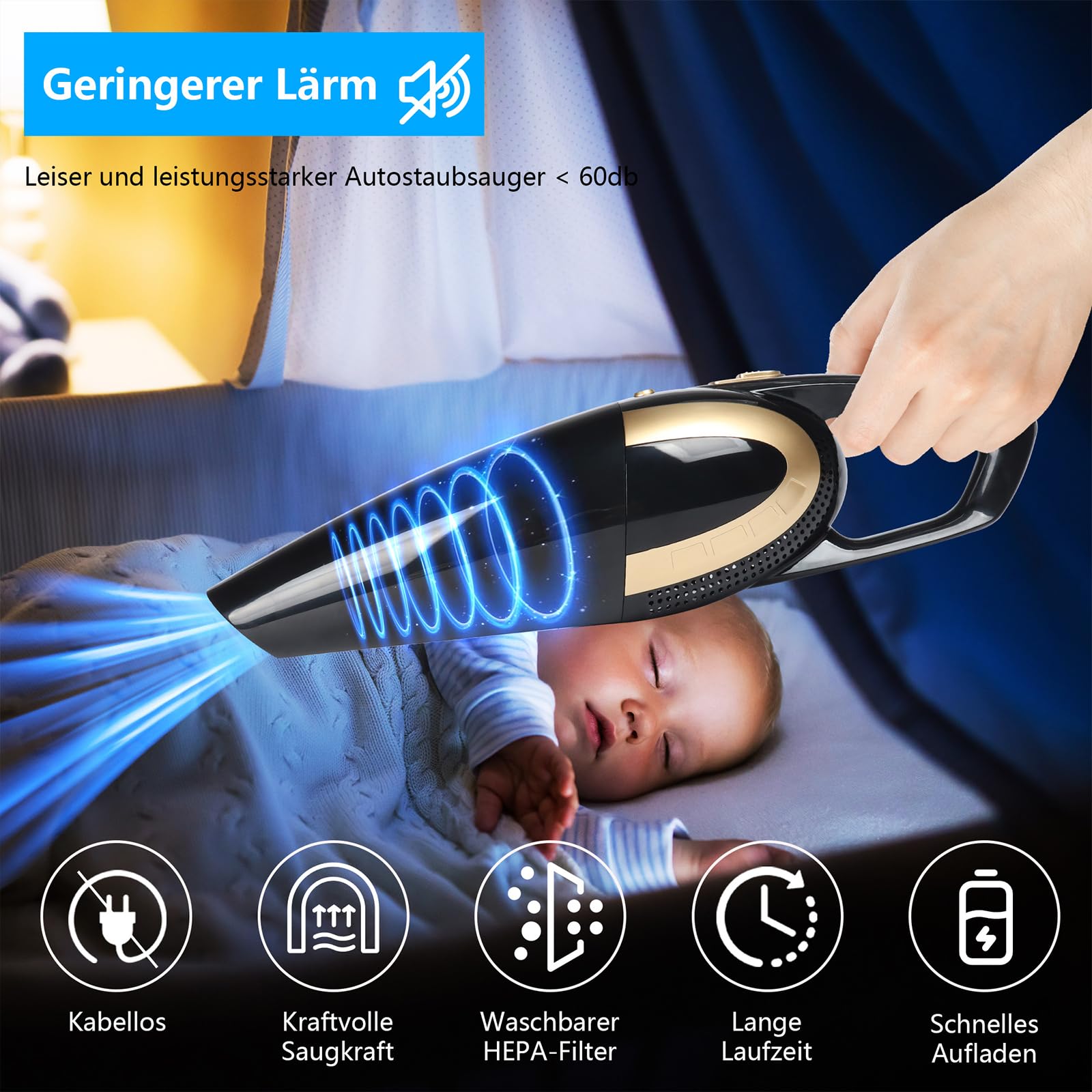 LIKE SHOW Aspiradora de mano inalámbrica y portátil, 15000 pa, aspiradora inalámbrica para coche, 120 W, mini portátil, recargable, batería