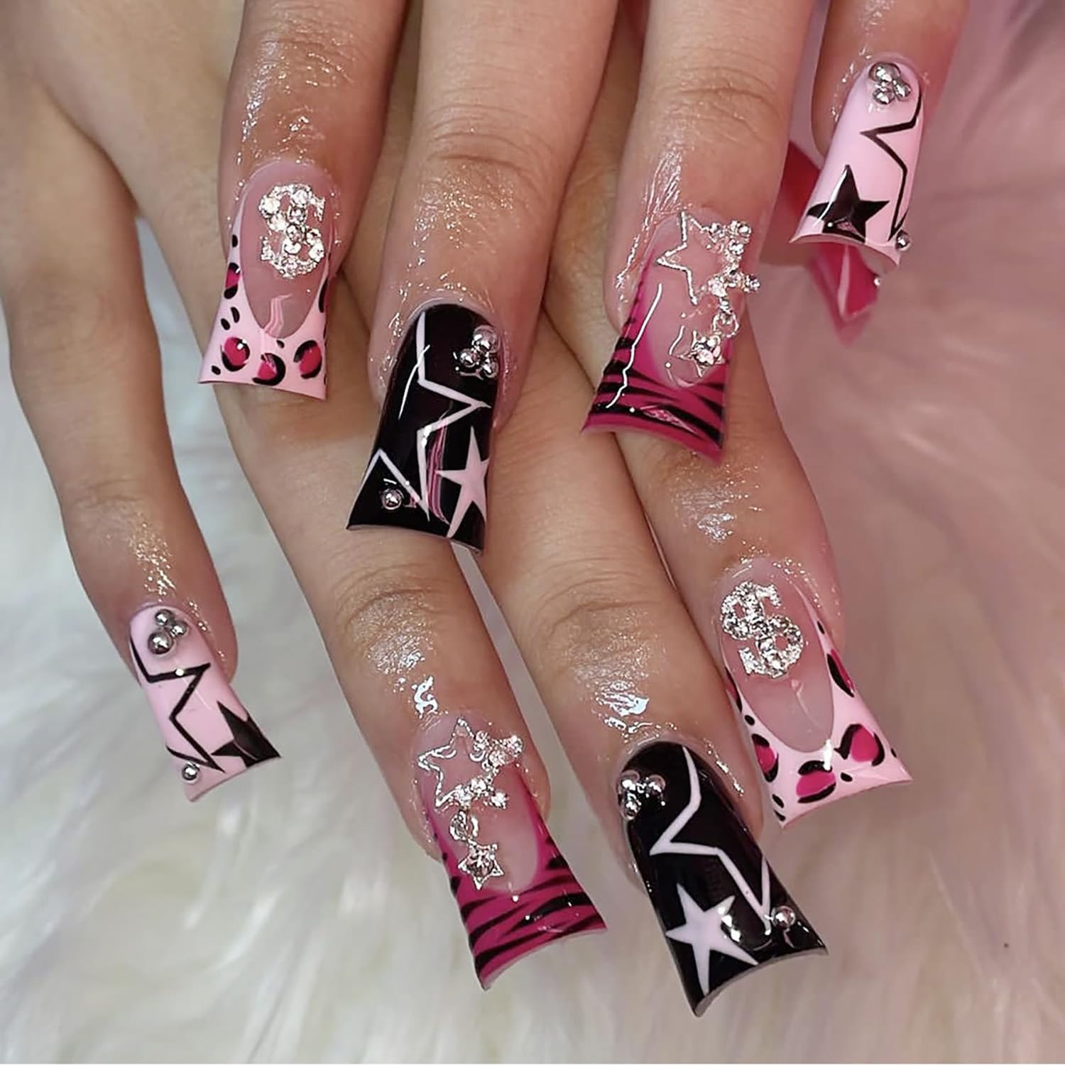 FIEONCIY Press on Nails Duck Shape Glossy Full Cover Medium Acrylic French False Nails with Designs Artificial Duck Fake Nails with Charms Glue ons