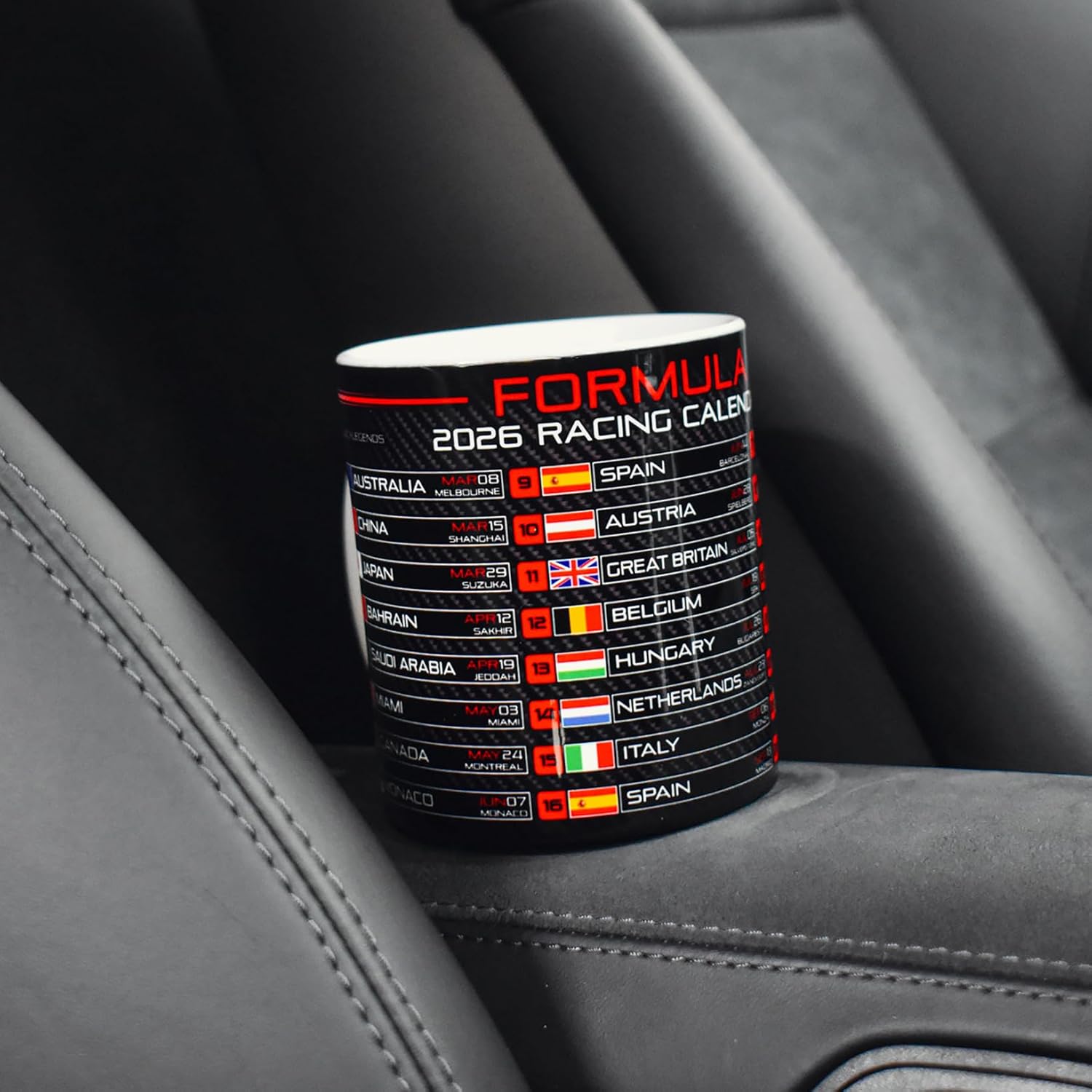 Formula Racing 2026 Calendar Mug - Red Edition - Carbon Fiber - Motorsport Fan Gifts - Race Schedule Coffee Cup - Hamilton - Norris - GP Dates, Countries & Circuits - Season Memorabilia