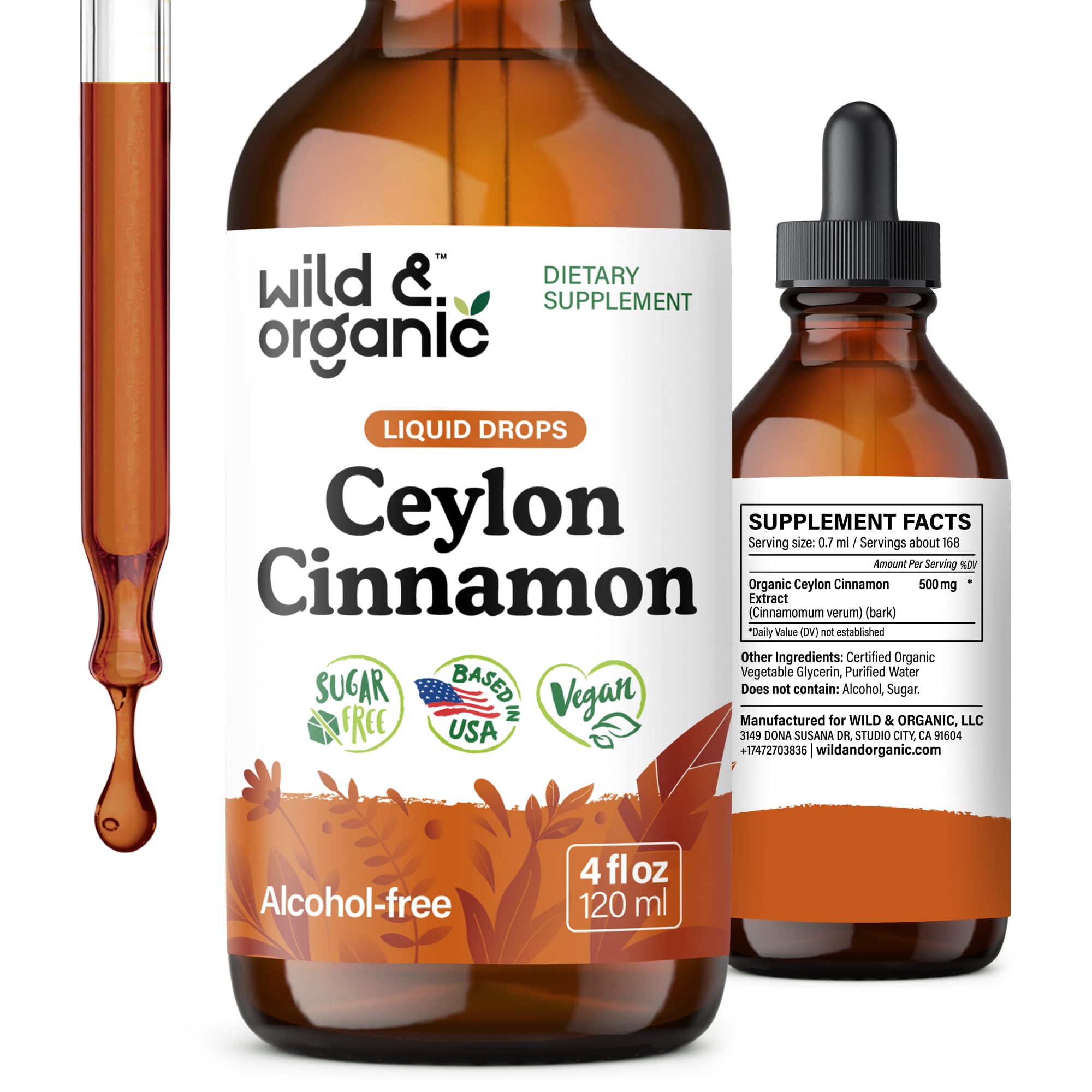 Sponsored Ad - Wild & Organic Ceylon Cinnamon Tincture 500 mg - Liquid Cinnamon Supplements for Overall Support - Cinnamomum Verum Bark Extract - Vegan, Sugar & Alcohol-Free, Non-GMO - 4 fl oz